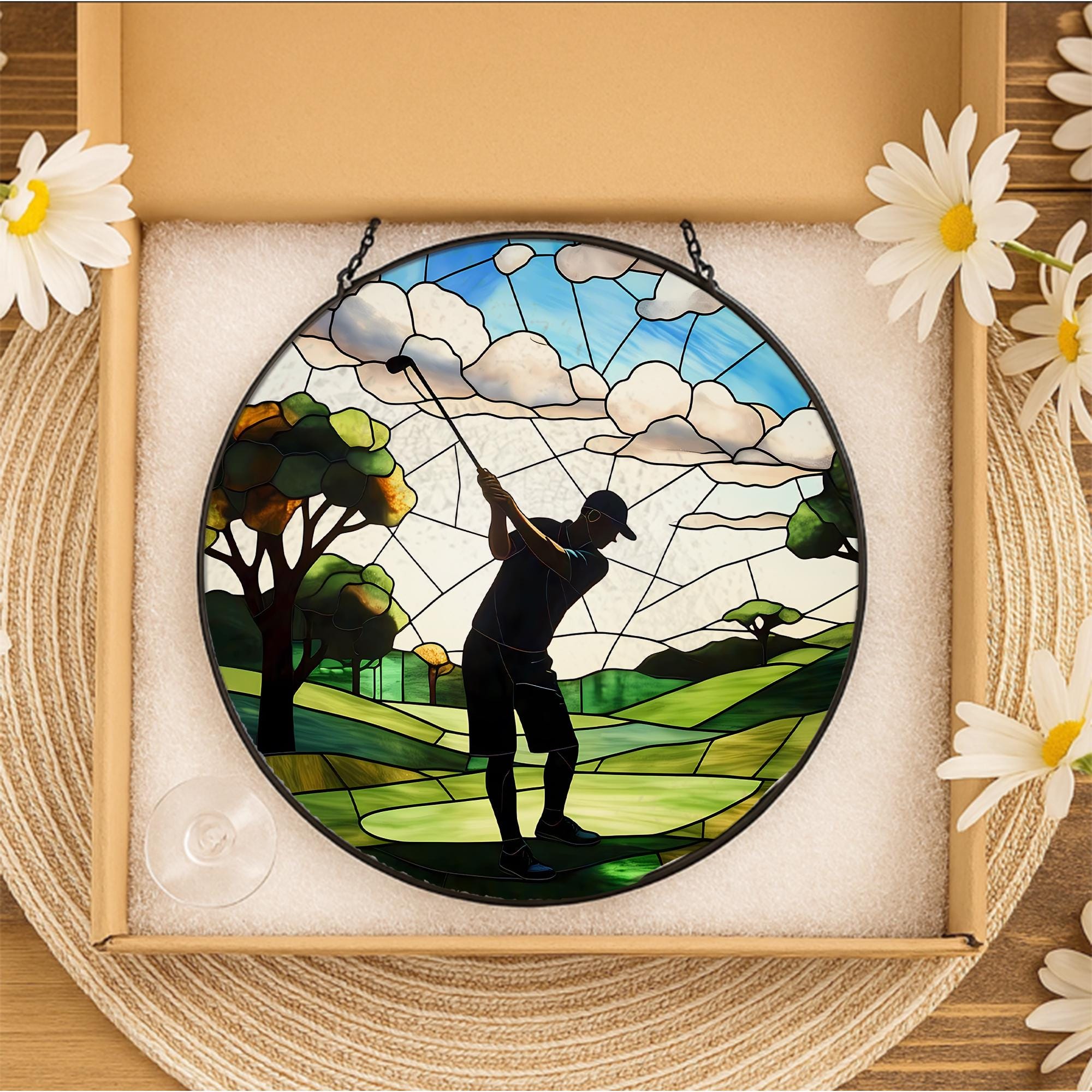 Dad Playing Golf Glass Suncatcher – Father’s Day Gift, Golf Lover Decor, Sports Window Hanging, Dad Gift Idea, Unique Golf Art for Dad