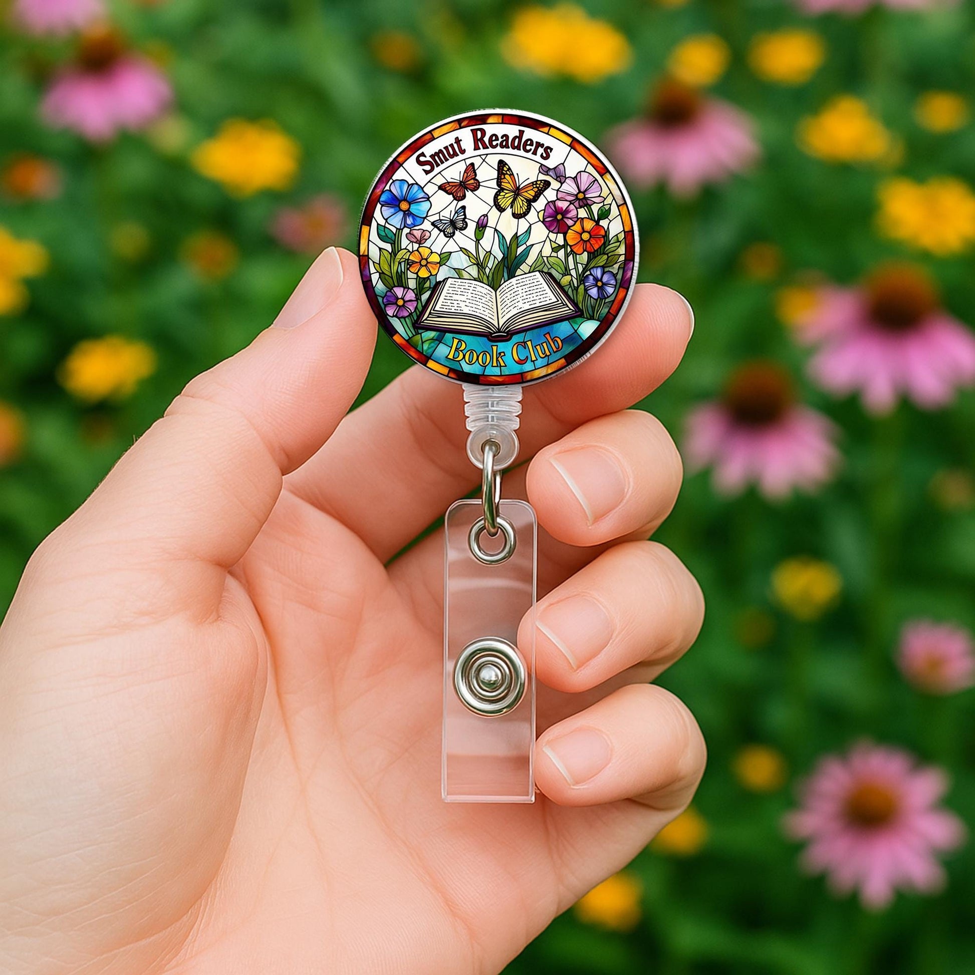 Smut Readers Book Club Badge Reel, Floral Butterfly Design, Book Lover Gift, Retractable ID Holder, Nurse Teacher Librarian Badge