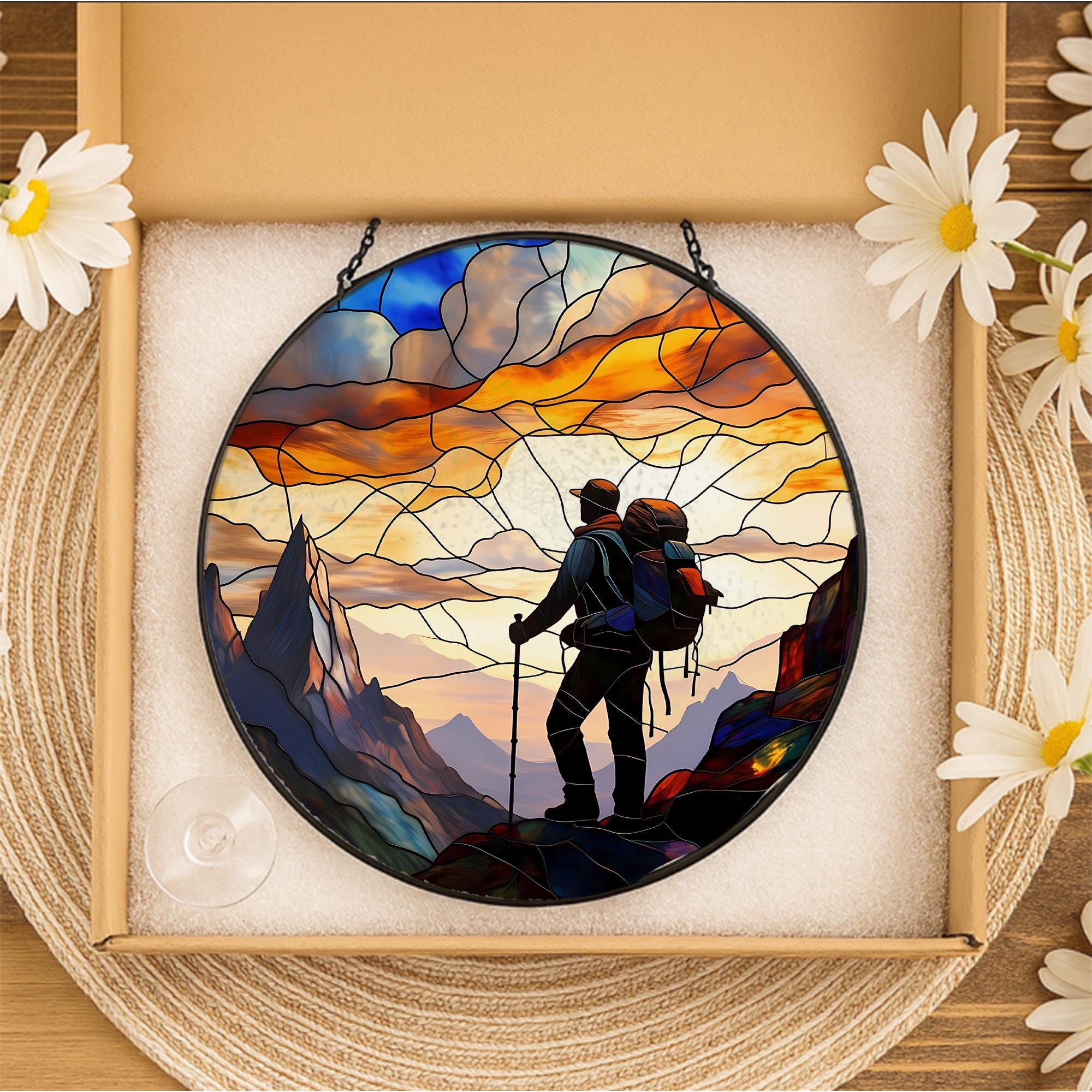 Dad Hiking Glass Suncatcher – Father’s Day Gift, Outdoor Lover Decor, Nature Window Hanging, Gift for Hiking Dad, Rustic Home Art