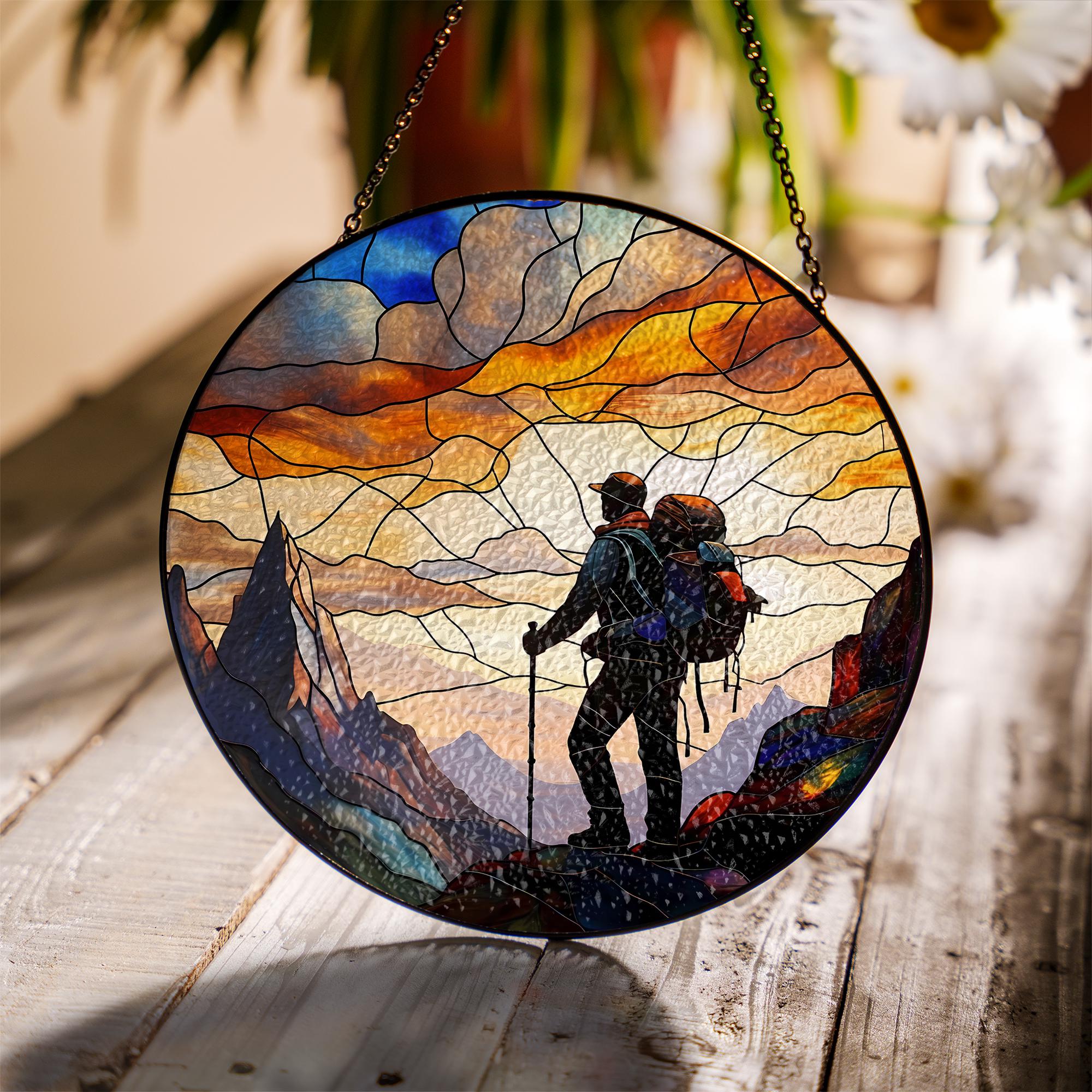 Dad Hiking Glass Suncatcher – Father’s Day Gift, Outdoor Lover Decor, Nature Window Hanging, Gift for Hiking Dad, Rustic Home Art