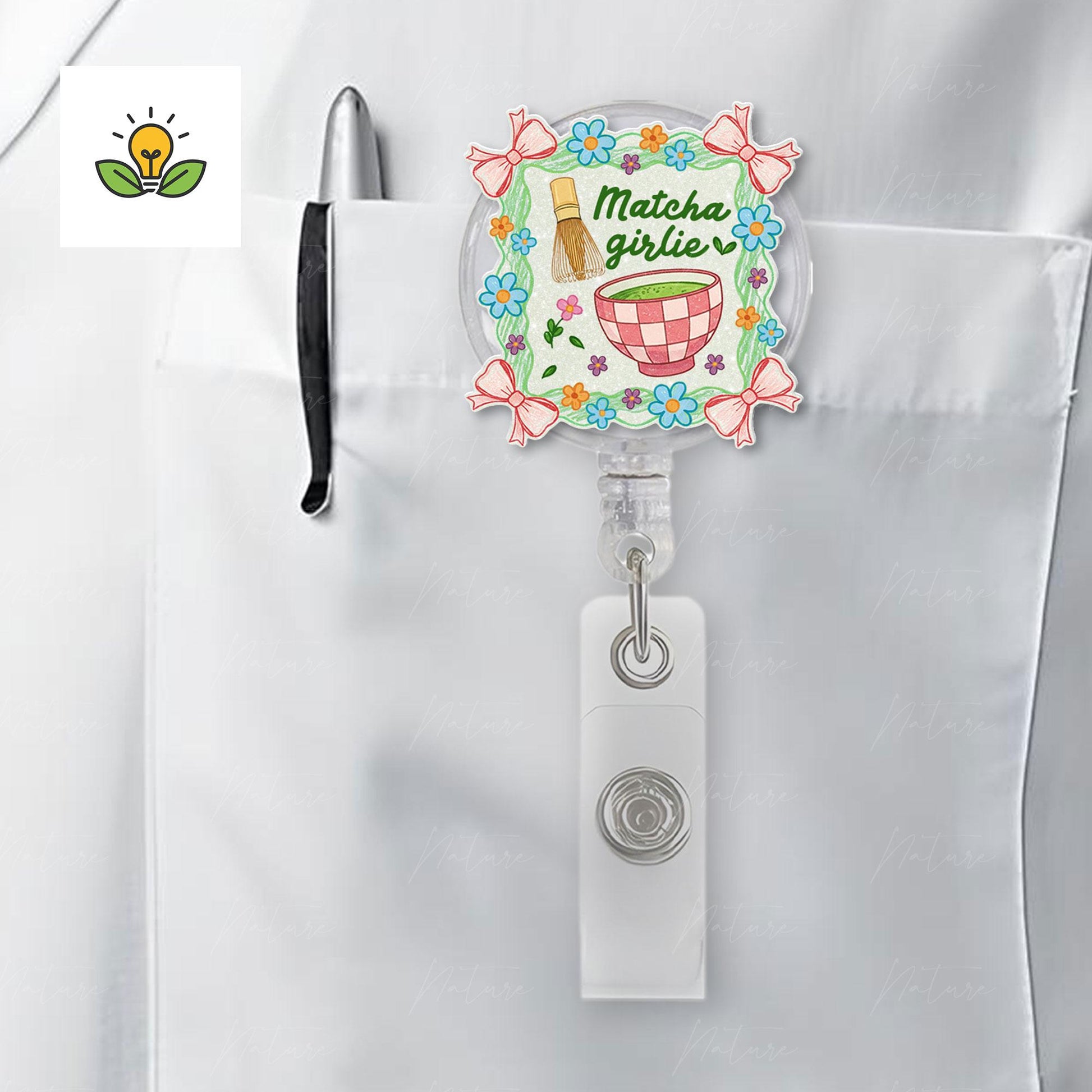Matcha Girlie Retractable Badge Reel, Cute Floral ID Holder, Kawaii Tea Lover Accessory, Nurse Teacher Student Gift, Office ID Badge Clip