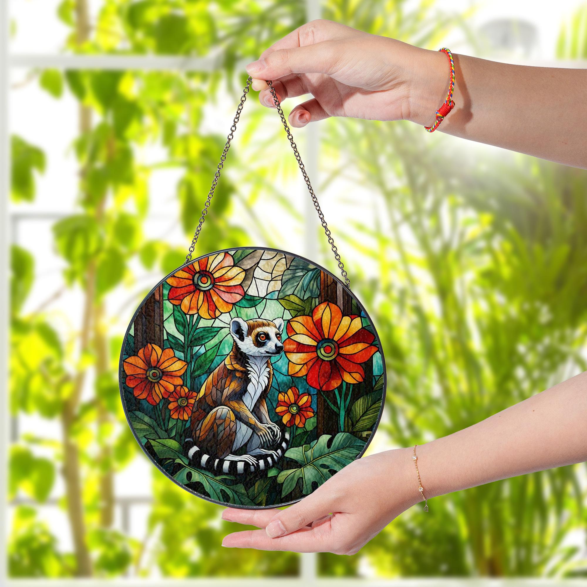 Lemur with Tropical Flowers Glass Suncatcher – Jungle Decor, Exotic Animal Lover Gift, Tropical Window Hanging, Wildlife Art Decor