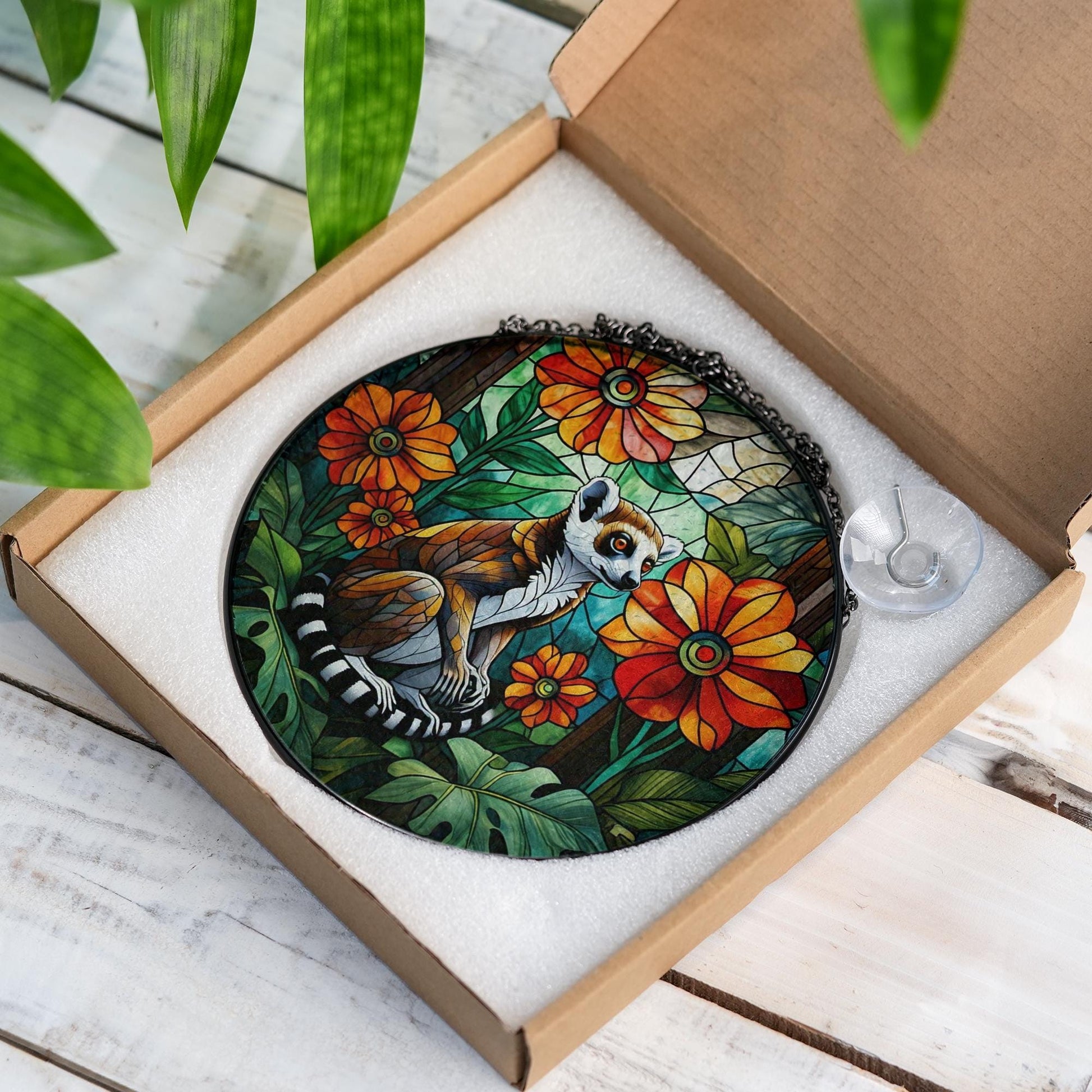 Lemur with Tropical Flowers Glass Suncatcher – Jungle Decor, Exotic Animal Lover Gift, Tropical Window Hanging, Wildlife Art Decor