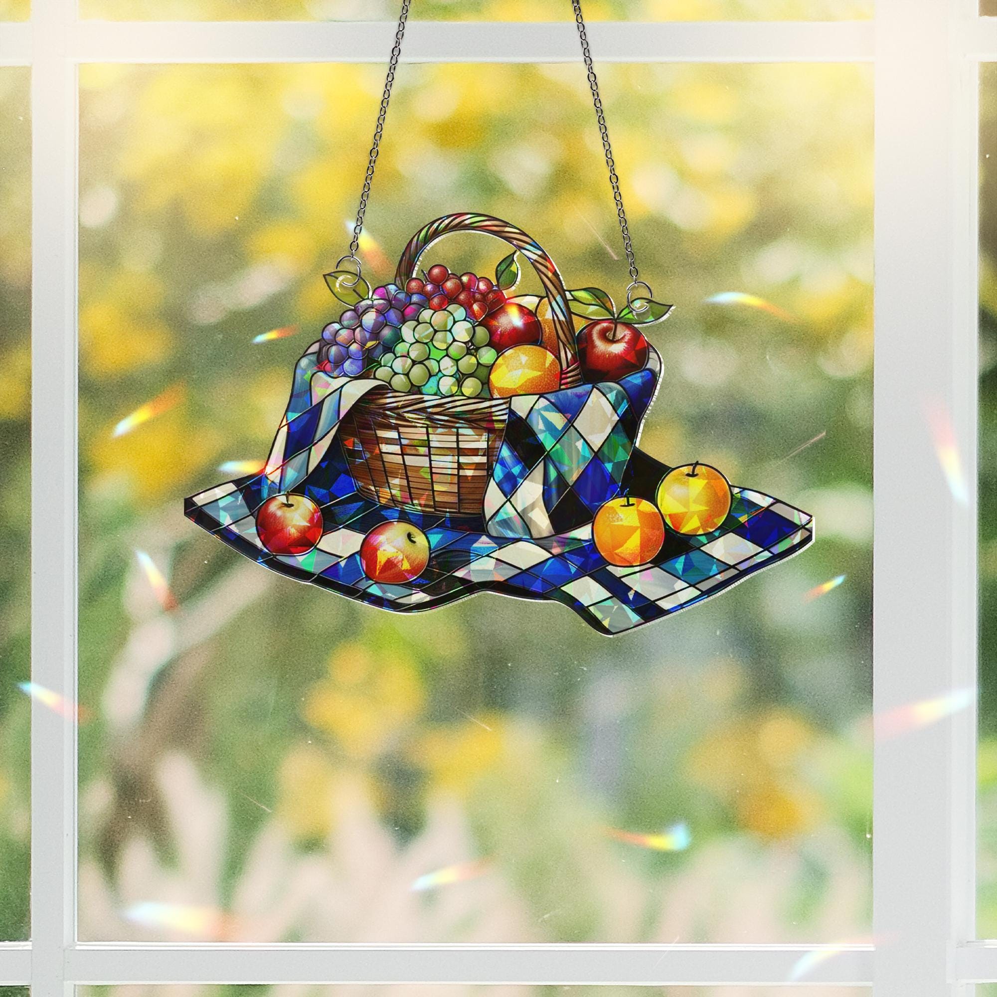 Basket on Picnic Hologram Acrylic Window Hanging – Vintage Picnic Decor, Nature Lover Gift, Outdoor Scenic Window Art