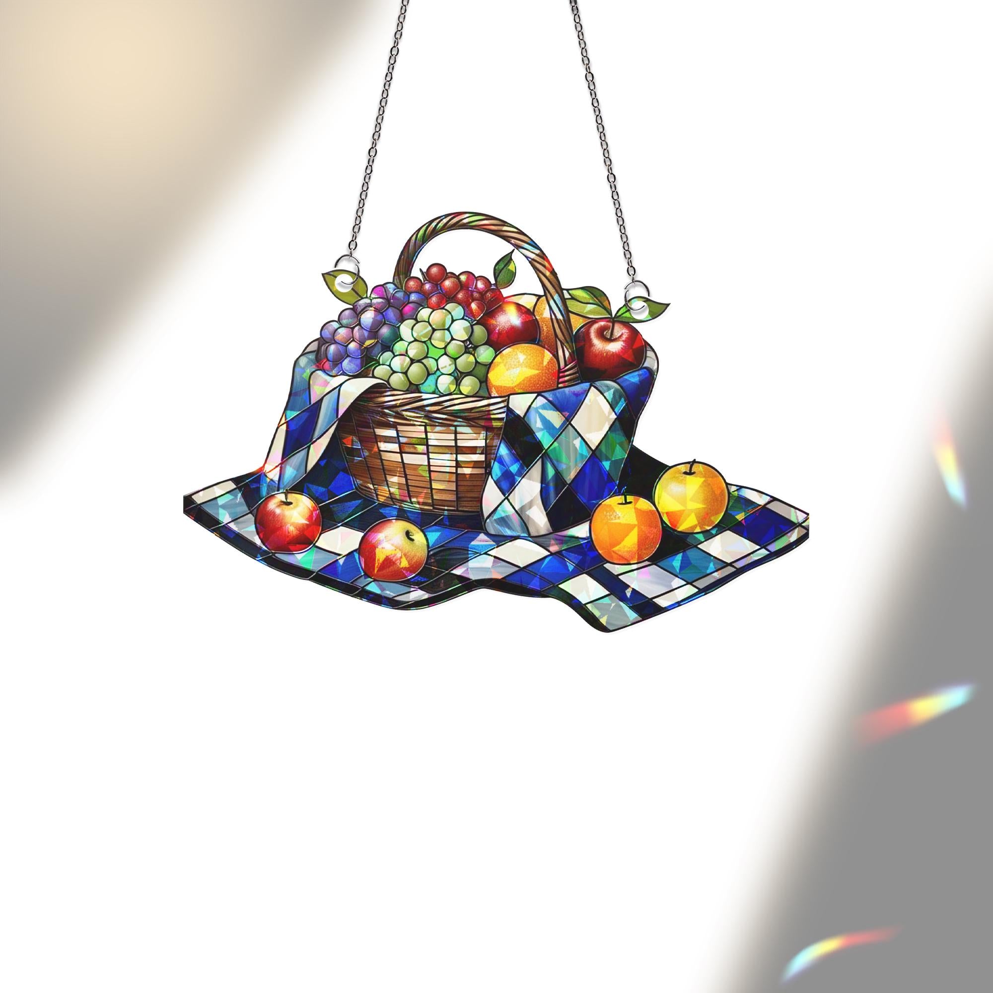 Basket on Picnic Hologram Acrylic Window Hanging – Vintage Picnic Decor, Nature Lover Gift, Outdoor Scenic Window Art