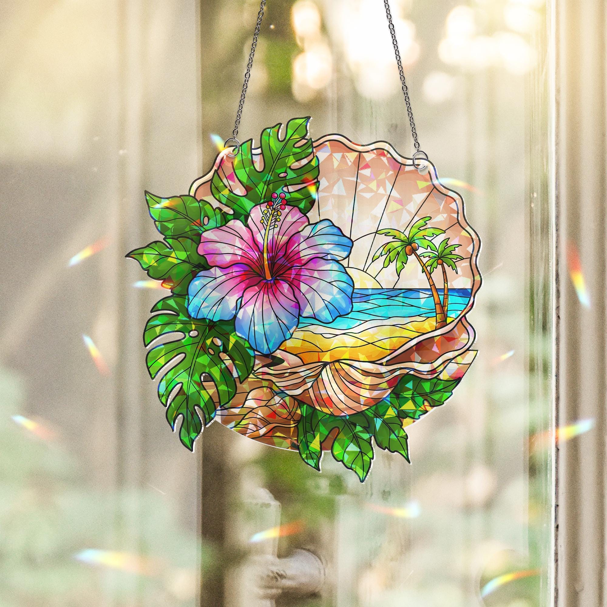 Seashell with Beach Hologram Acrylic Window Hanging – Coastal Decor, Ocean Lover Gift, Nautical Sun Catcher, Beach House Art