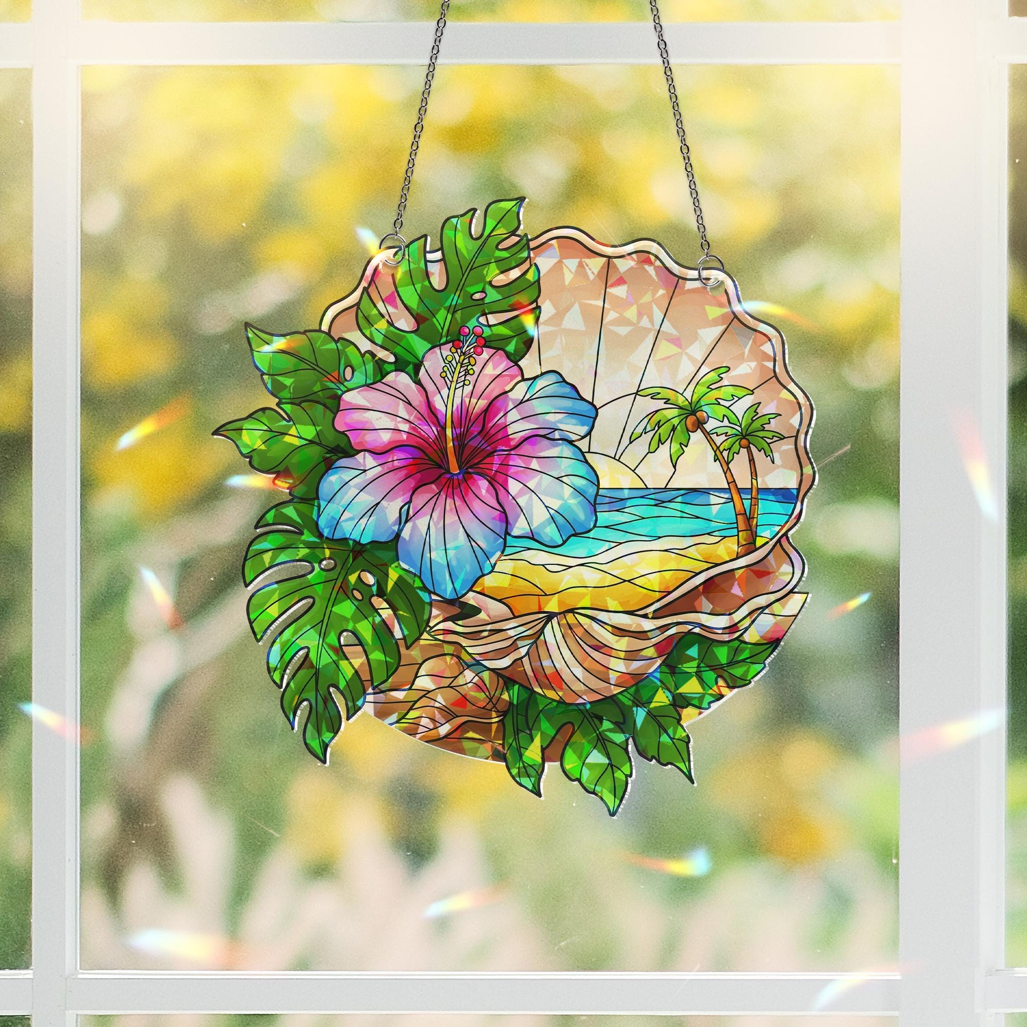 Seashell with Beach Hologram Acrylic Window Hanging – Coastal Decor, Ocean Lover Gift, Nautical Sun Catcher, Beach House Art