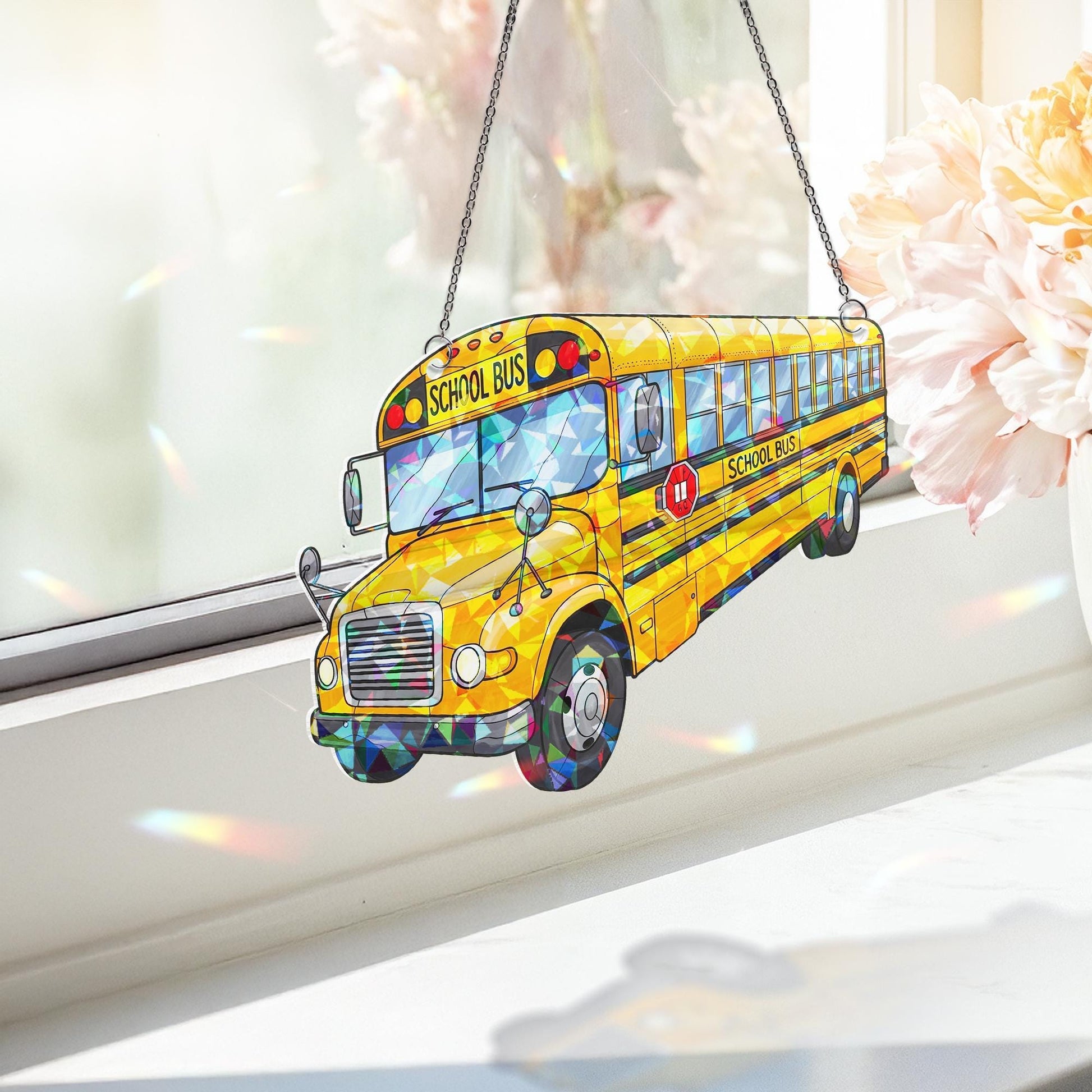 School Bus Hologram Acrylic Window Hanging, Iridescent Bus Suncatcher, Back to School Teacher Gift, Fun Transportation Decor, Teacher Gift
