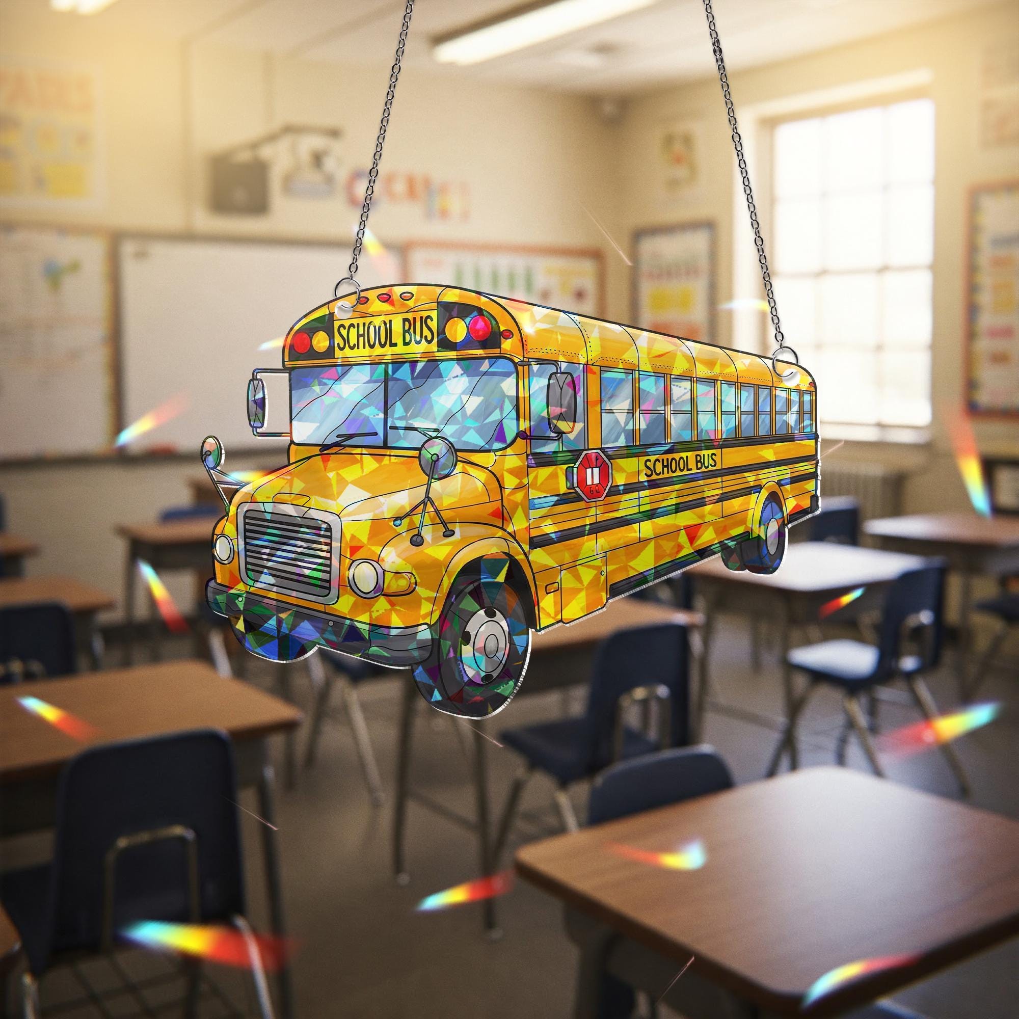 School Bus Hologram Acrylic Window Hanging, Iridescent Bus Suncatcher, Back to School Teacher Gift, Fun Transportation Decor, Teacher Gift