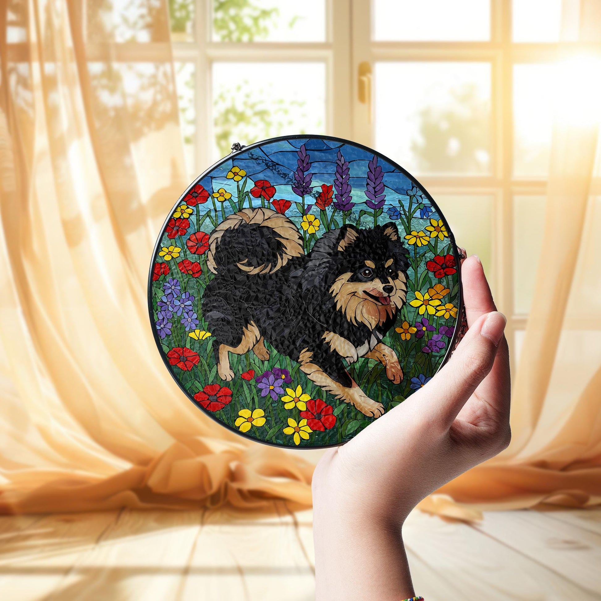 Black and Tan Pomeranian Glass Suncatcher, Stained Glass Dog Decor, Pet Memorial Gift, Floral Window Hanging, Dog Lover Gift,Wildflower Gift