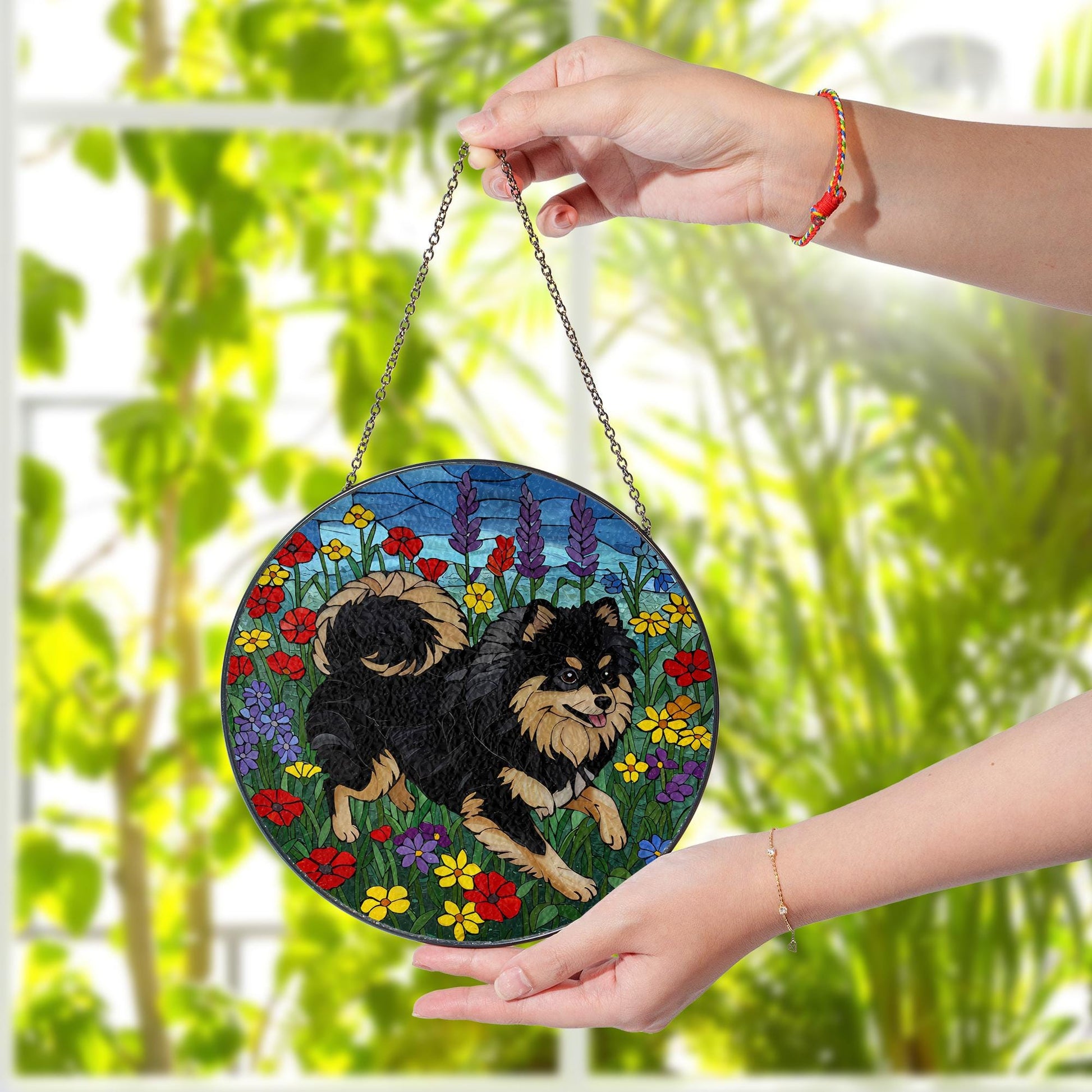 Black and Tan Pomeranian Glass Suncatcher, Stained Glass Dog Decor, Pet Memorial Gift, Floral Window Hanging, Dog Lover Gift,Wildflower Gift