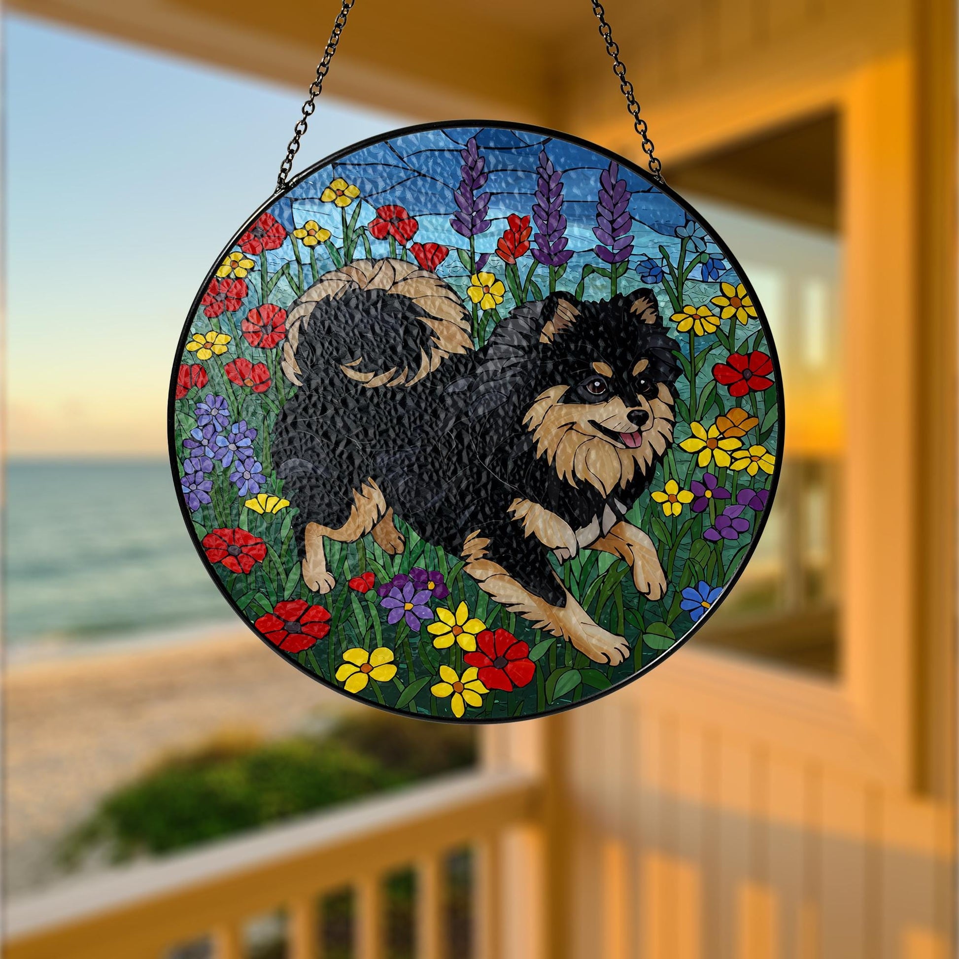 Black and Tan Pomeranian Glass Suncatcher, Stained Glass Dog Decor, Pet Memorial Gift, Floral Window Hanging, Dog Lover Gift,Wildflower Gift