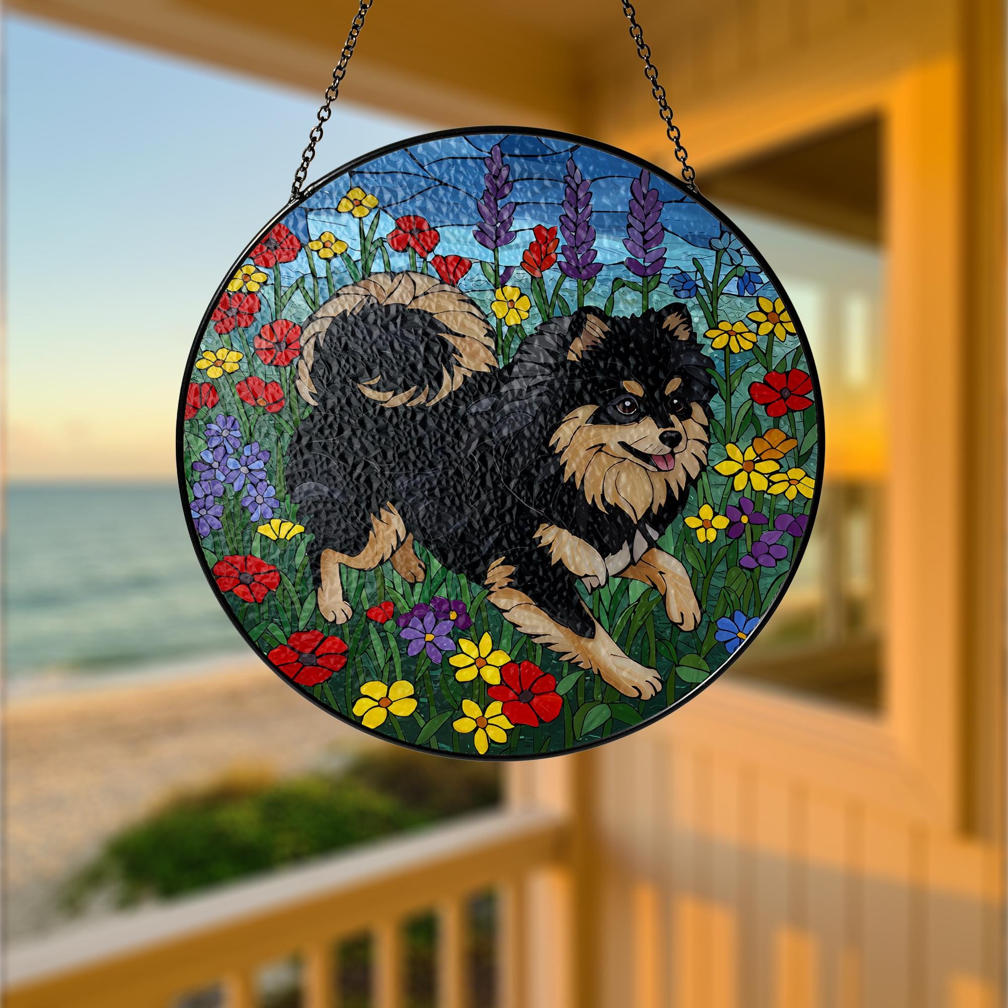 Black and Tan Pomeranian Glass Suncatcher, Stained Glass Dog Decor, Pet Memorial Gift, Floral Window Hanging, Dog Lover Gift,Wildflower Gift