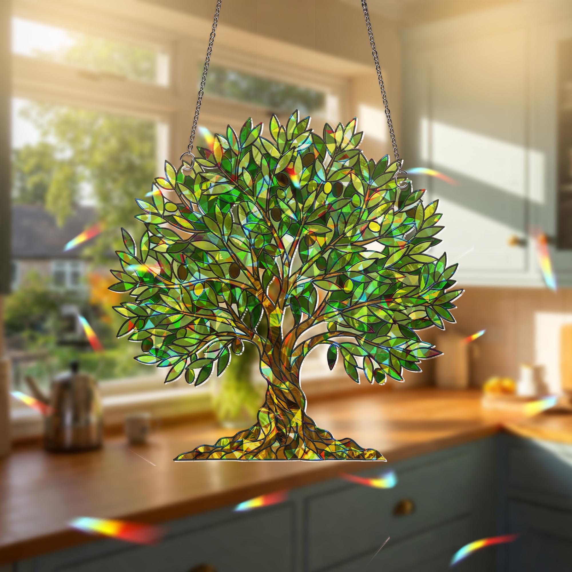 Olive Tree Hologram Acrylic Window Hanging, Iridescent Nature Suncatcher, Peaceful Plant Decor, Mediterranean Home Gift, Botanical Decor