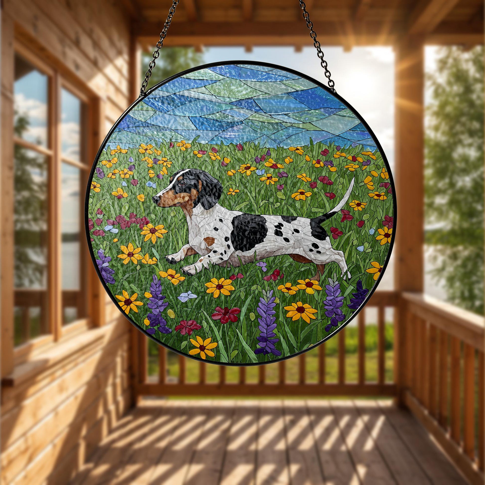 Piebald Dachshund Glass Suncatcher, Wildflower Dog Art, Running Doxie Decor, Stained Glass Window Hanging, Dog Lover Gift, Wildflower Gift