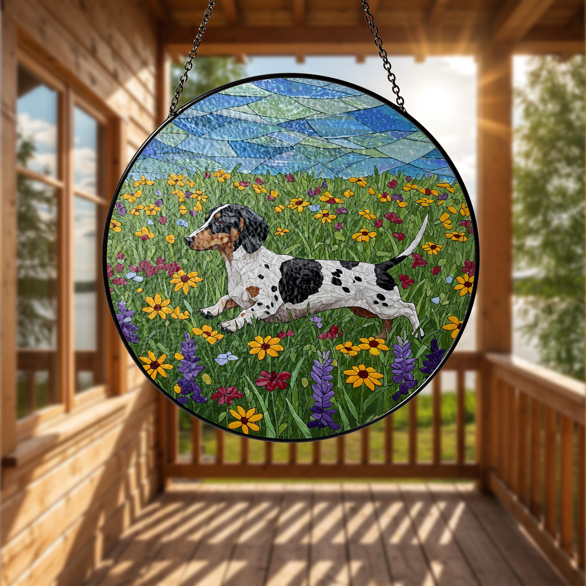 Piebald Dachshund Glass Suncatcher, Wildflower Dog Art, Running Doxie Decor, Stained Glass Window Hanging, Dog Lover Gift, Wildflower Gift