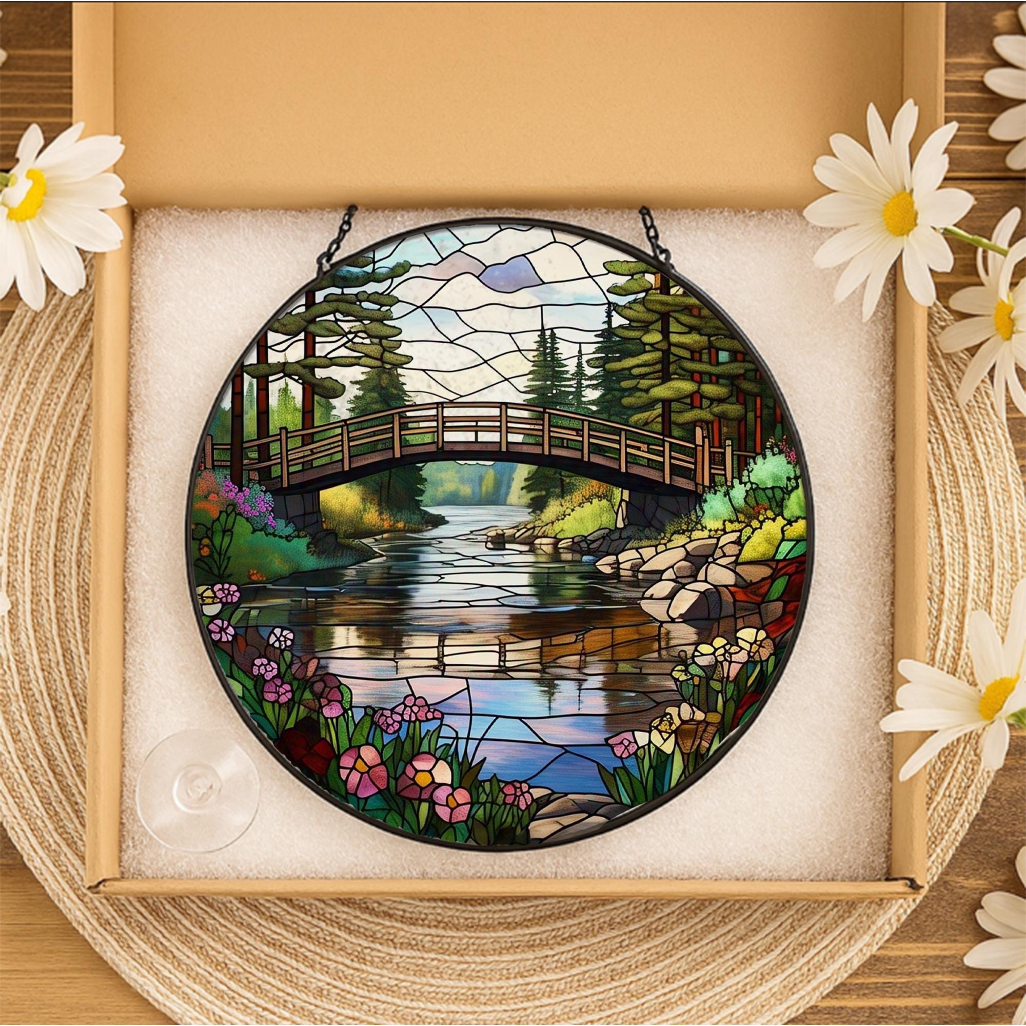 River Scene in Forest Glass Suncatcher – Nature Lover Gift, Woodland Decor, Tranquil River Art, Cabin Window Hanging, Forest Sun Catcher