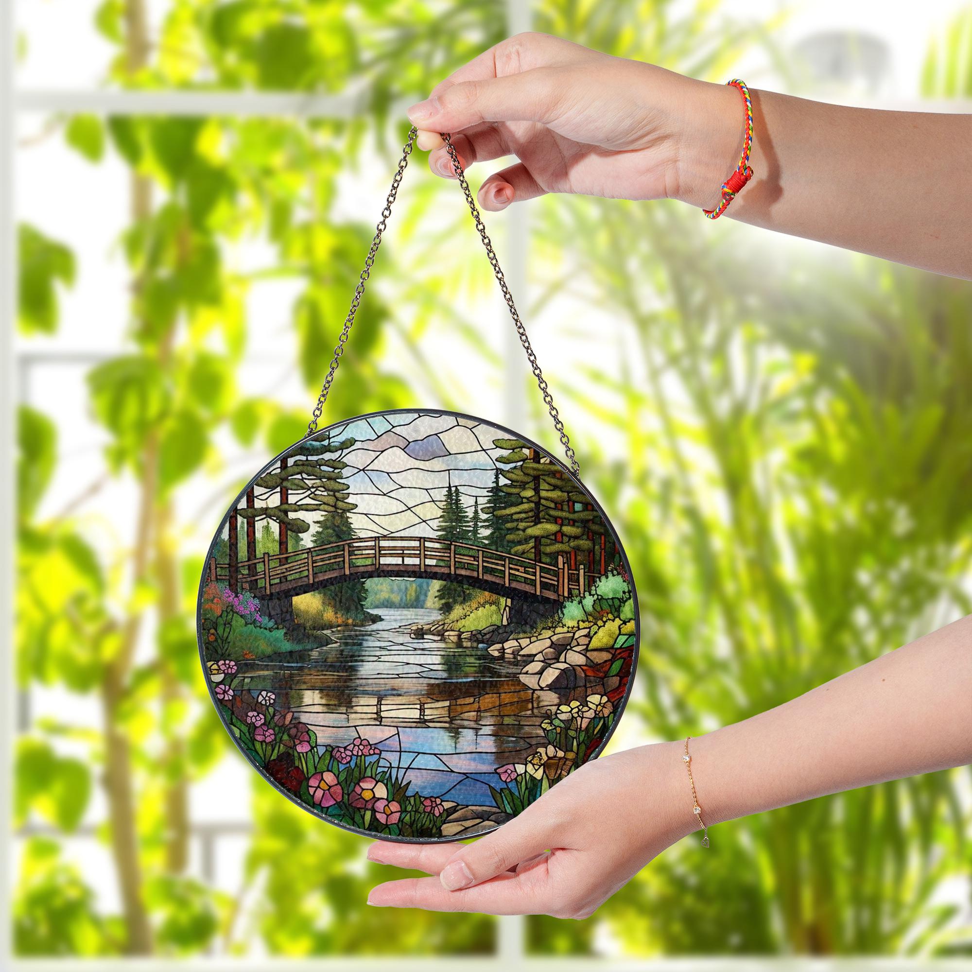 River Scene in Forest Glass Suncatcher – Nature Lover Gift, Woodland Decor, Tranquil River Art, Cabin Window Hanging, Forest Sun Catcher