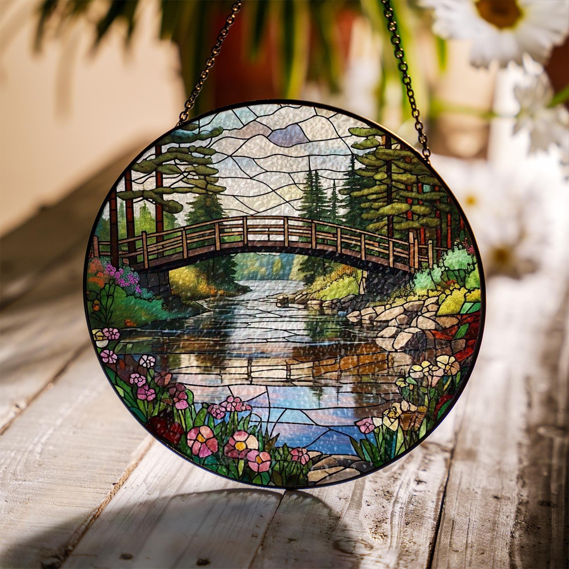 River Scene in Forest Glass Suncatcher – Nature Lover Gift, Woodland Decor, Tranquil River Art, Cabin Window Hanging, Forest Sun Catcher