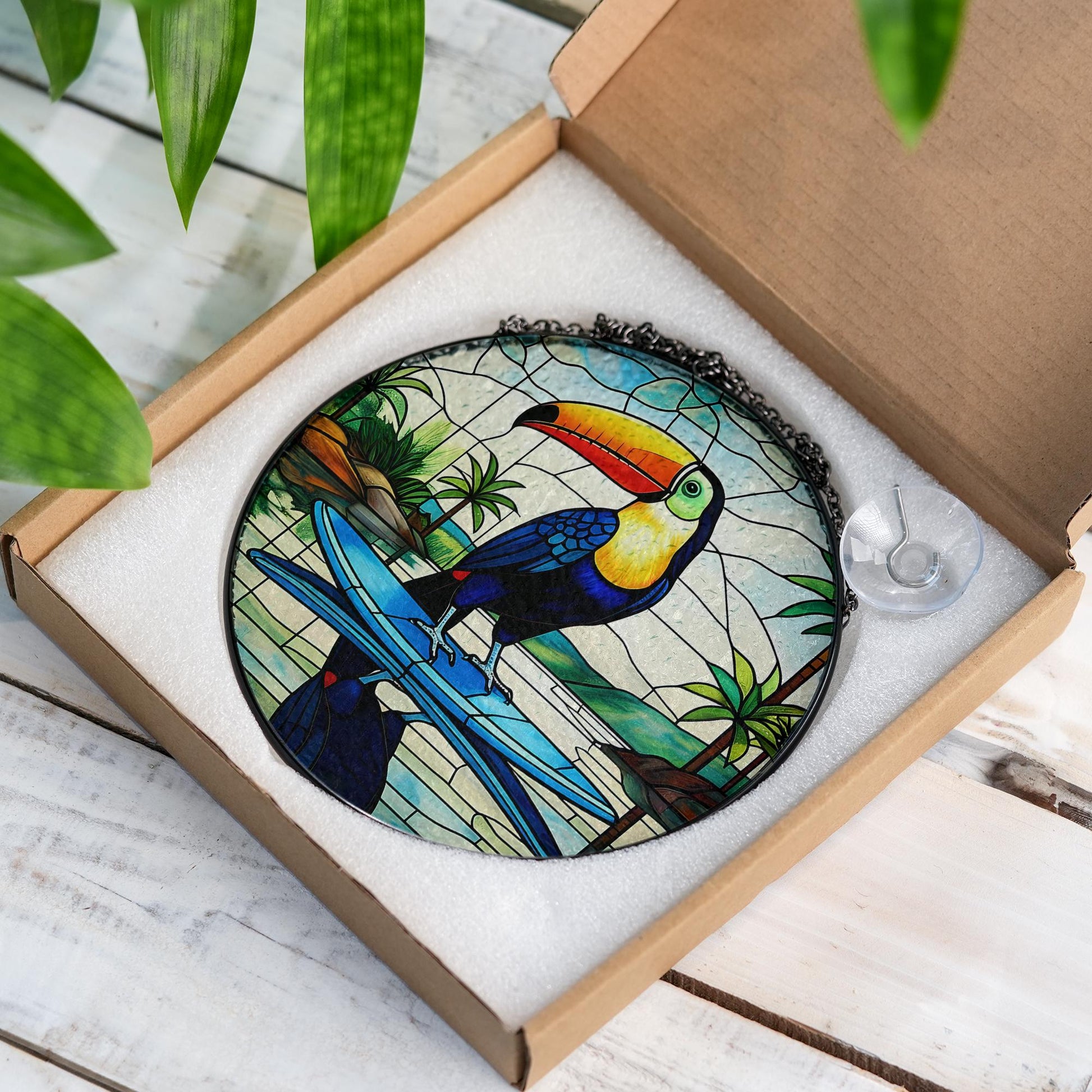 Toucan on Surfboard Glass Suncatcher – Tropical River Scene, Vibrant Sun Catcher, Beach Lover Gift, Summer Window Decor
