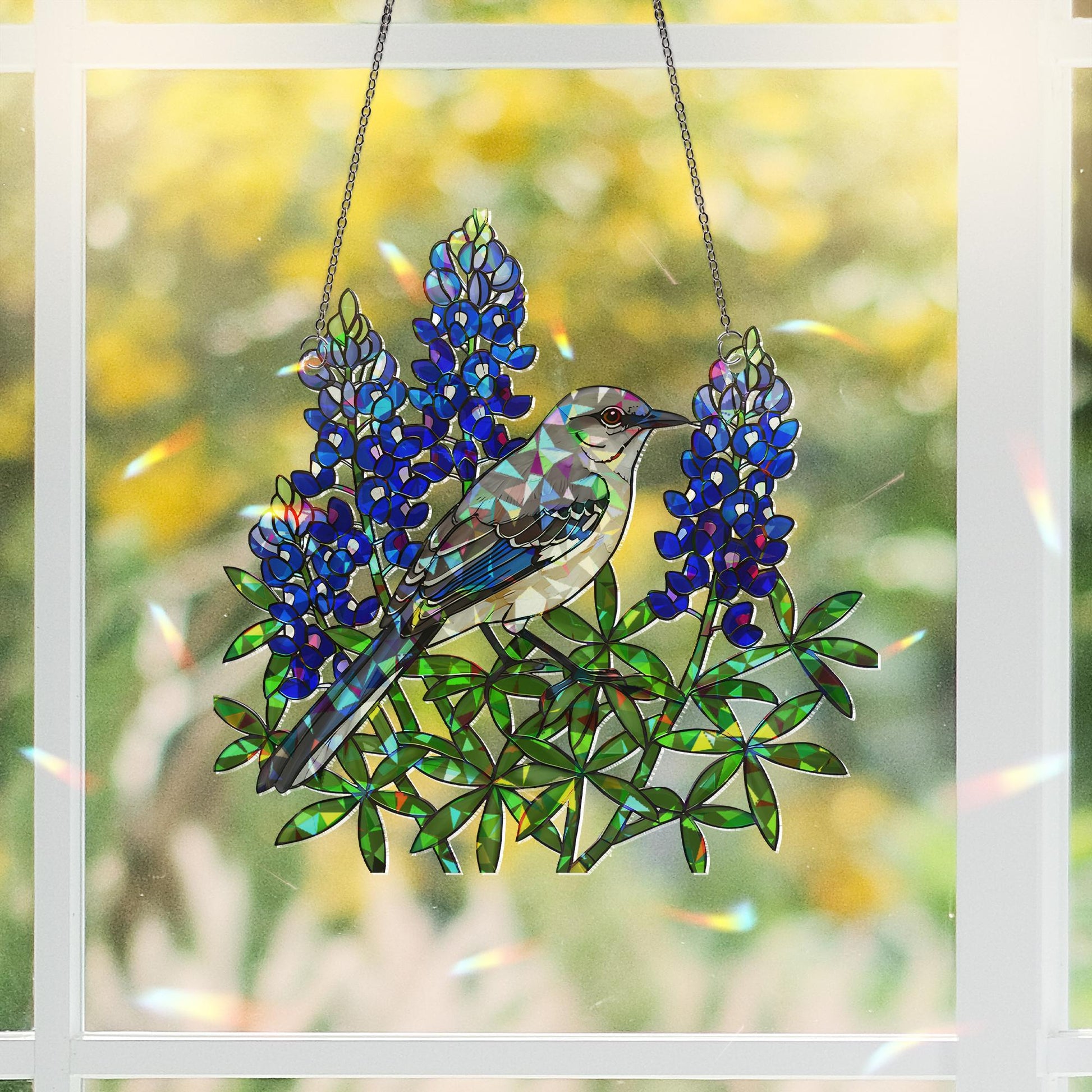 Texas Mockingbird Bluebonnet Suncatcher, Holographic Acrylic Bird Window Hanging, Floral Rainbow Catcher, Nature Home Decor Gift