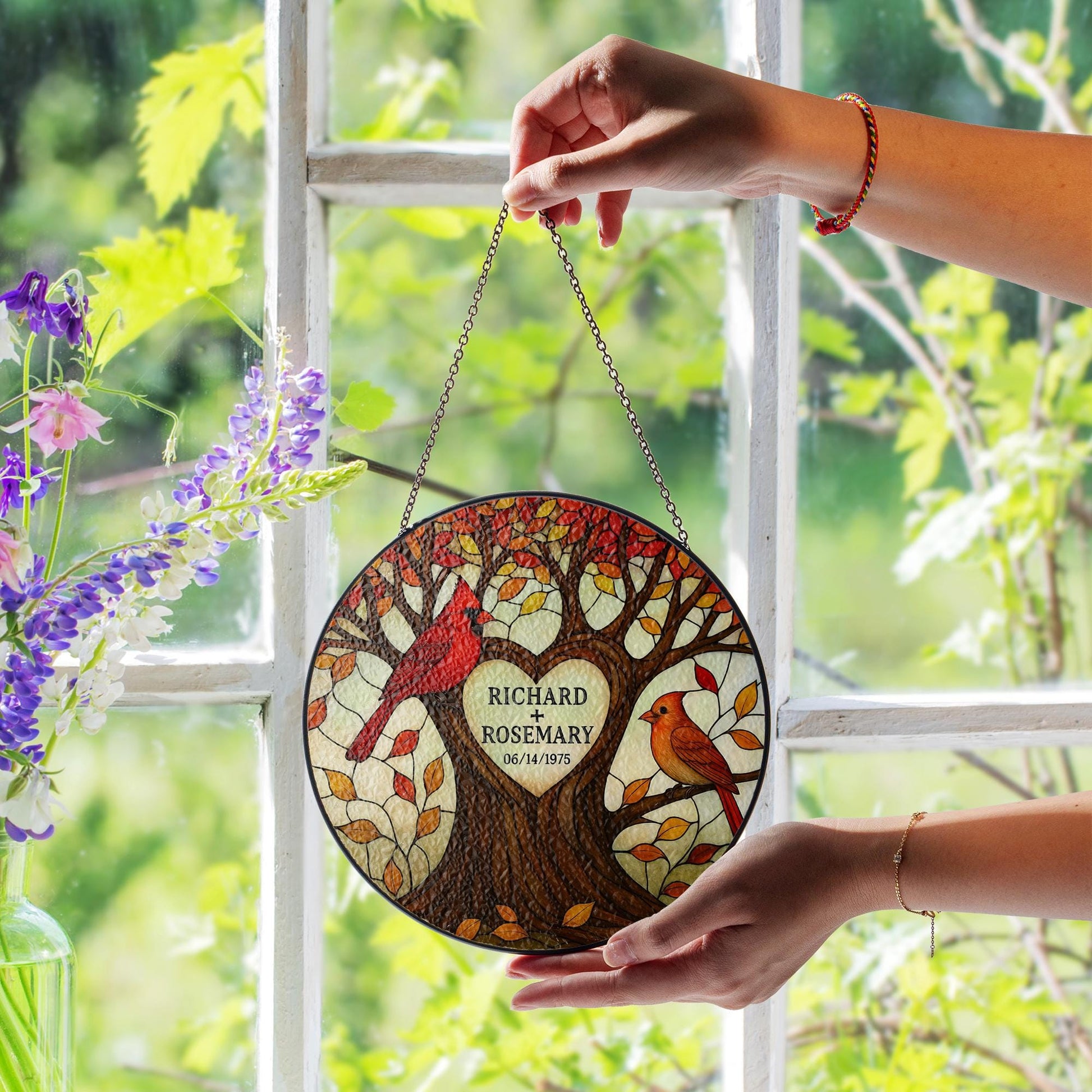 Personalized Glass Suncatcher | Tree of Life with Cardinals | Custom Couple Gift | Wedding or Anniversary Gift | Family Name Suncatcher