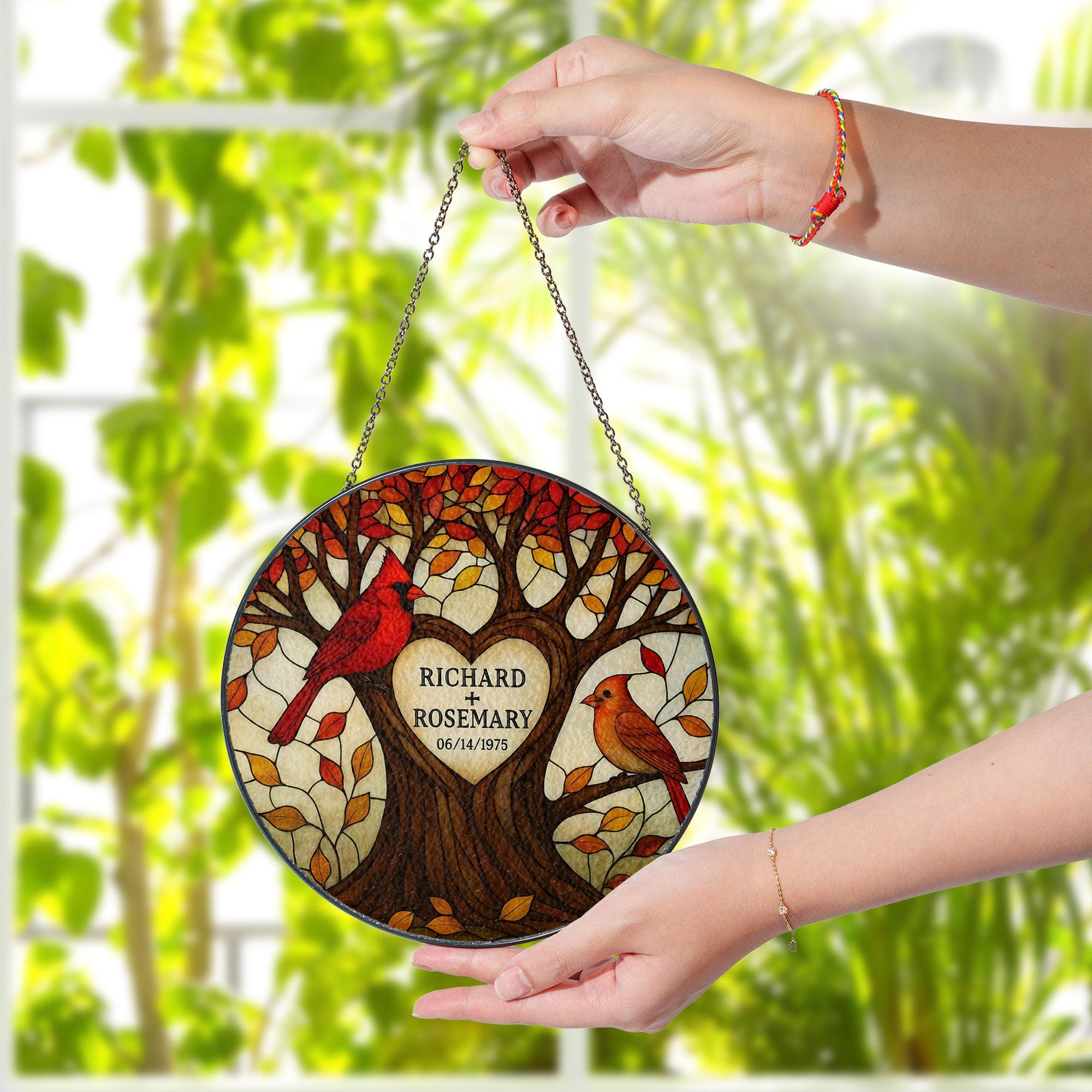 Personalized Glass Suncatcher | Tree of Life with Cardinals | Custom Couple Gift | Wedding or Anniversary Gift | Family Name Suncatcher