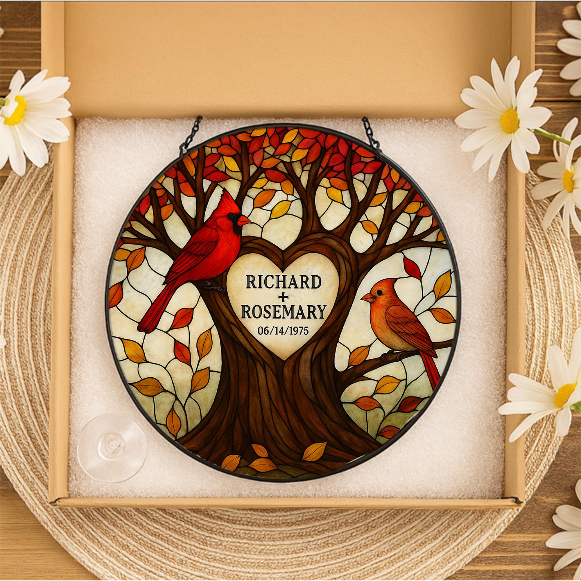Personalized Glass Suncatcher | Tree of Life with Cardinals | Custom Couple Gift | Wedding or Anniversary Gift | Family Name Suncatcher