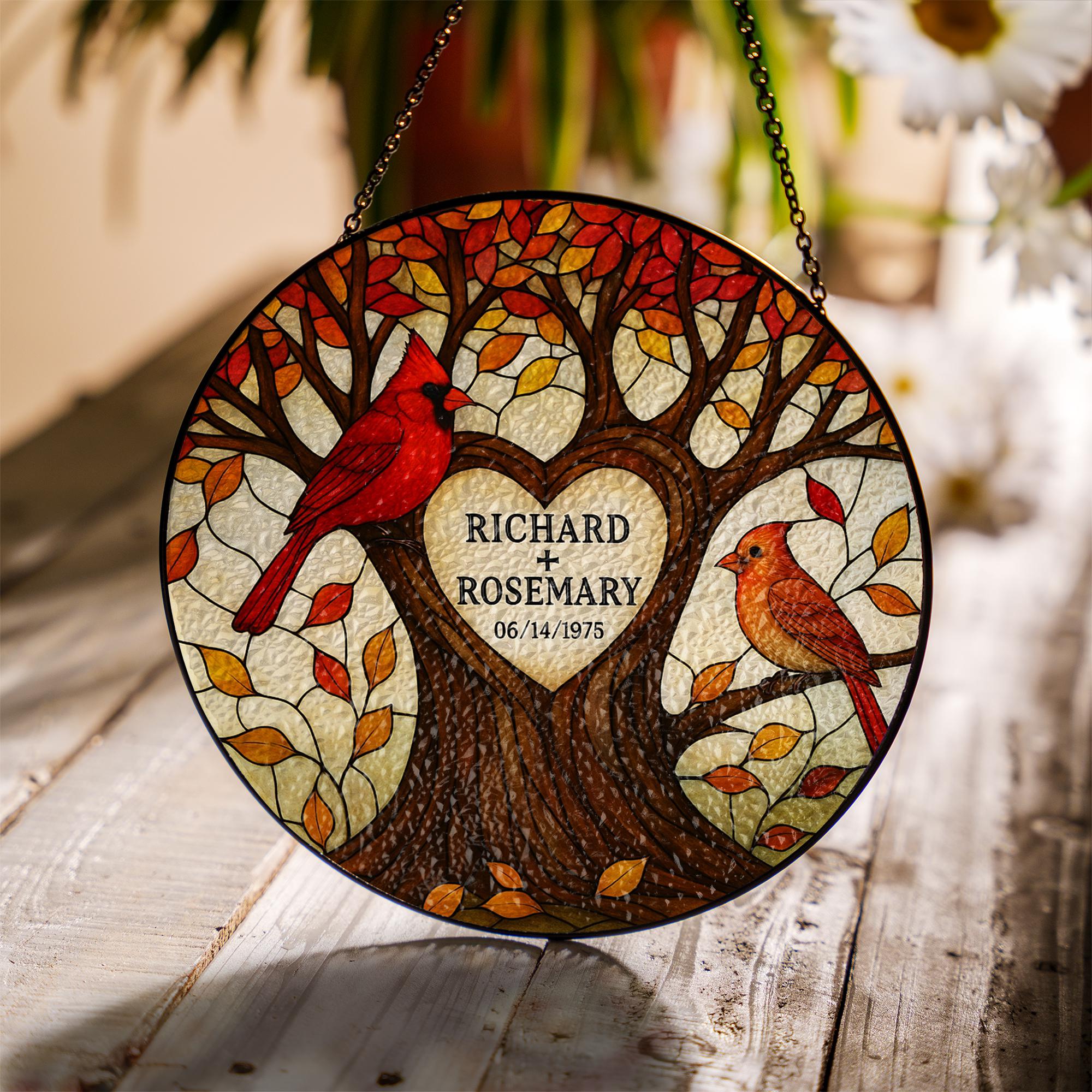 Personalized Glass Suncatcher | Tree of Life with Cardinals | Custom Couple Gift | Wedding or Anniversary Gift | Family Name Suncatcher