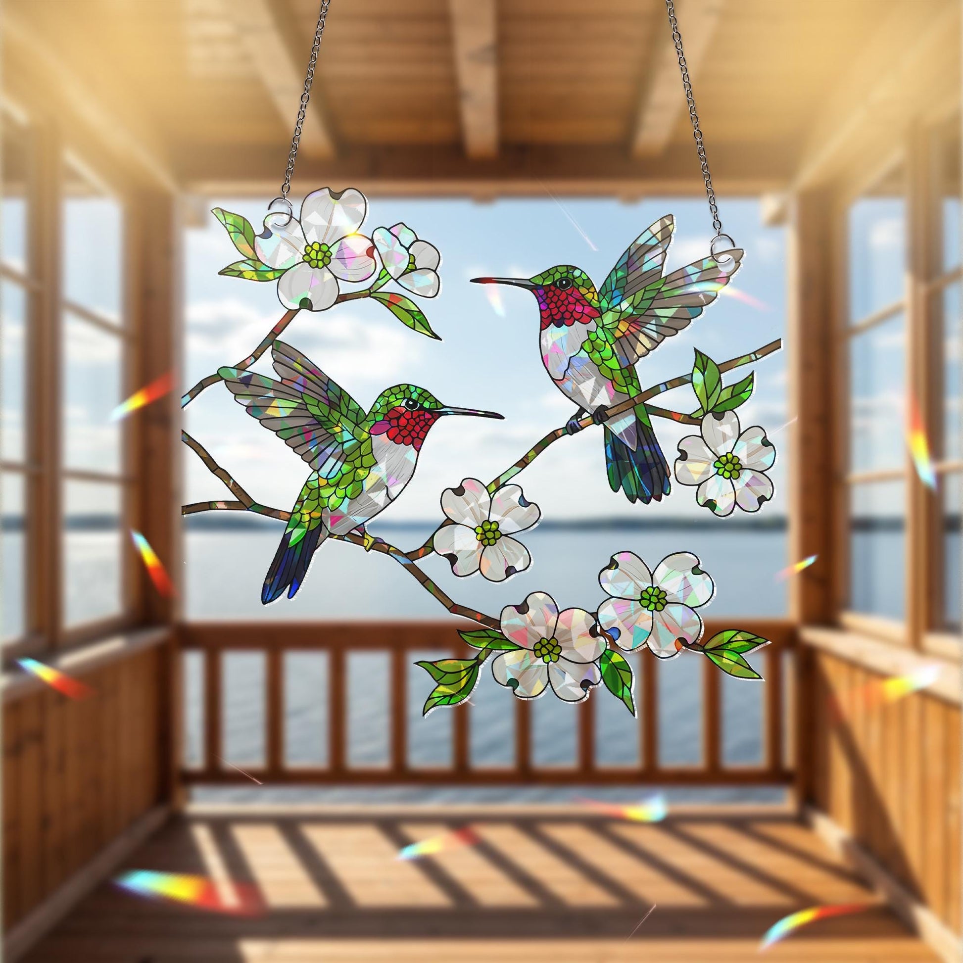 Hummingbird HologramWindow Hanging, Dogwood Flower Suncatcher, Acrylic Bird Decor, Spring Window Art, Nature Lover Gift