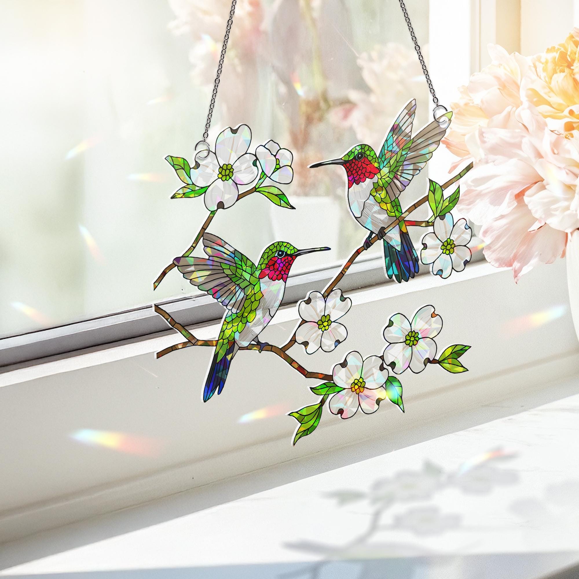 Hummingbird HologramWindow Hanging, Dogwood Flower Suncatcher, Acrylic Bird Decor, Spring Window Art, Nature Lover Gift