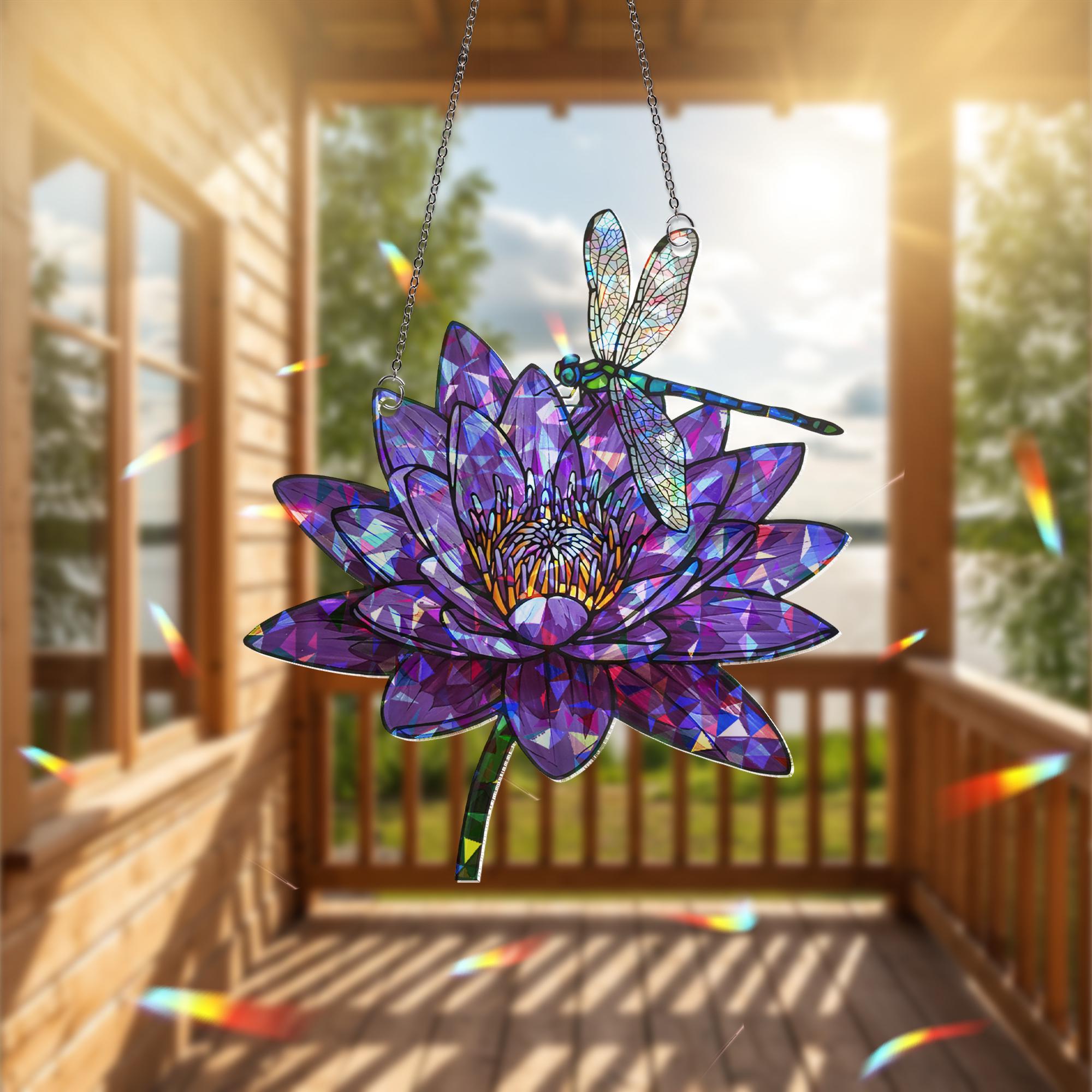 Dragonfly Water Lily Window Hanging, Purple Flower Suncatcher, Hologram Acrylic Decor, Nature Window Art, Garden Gift, Floral Decor