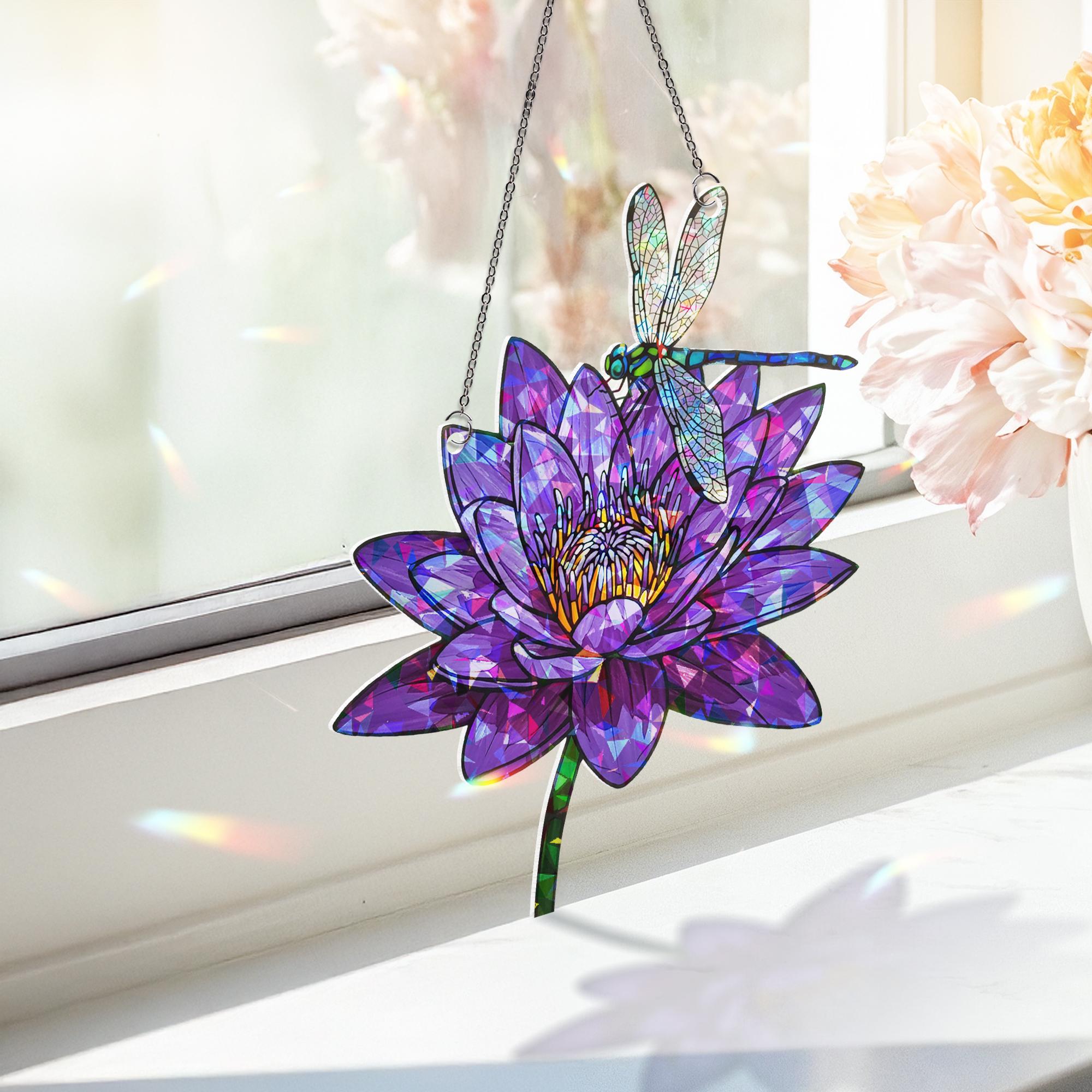 Dragonfly Water Lily Window Hanging, Purple Flower Suncatcher, Hologram Acrylic Decor, Nature Window Art, Garden Gift, Floral Decor