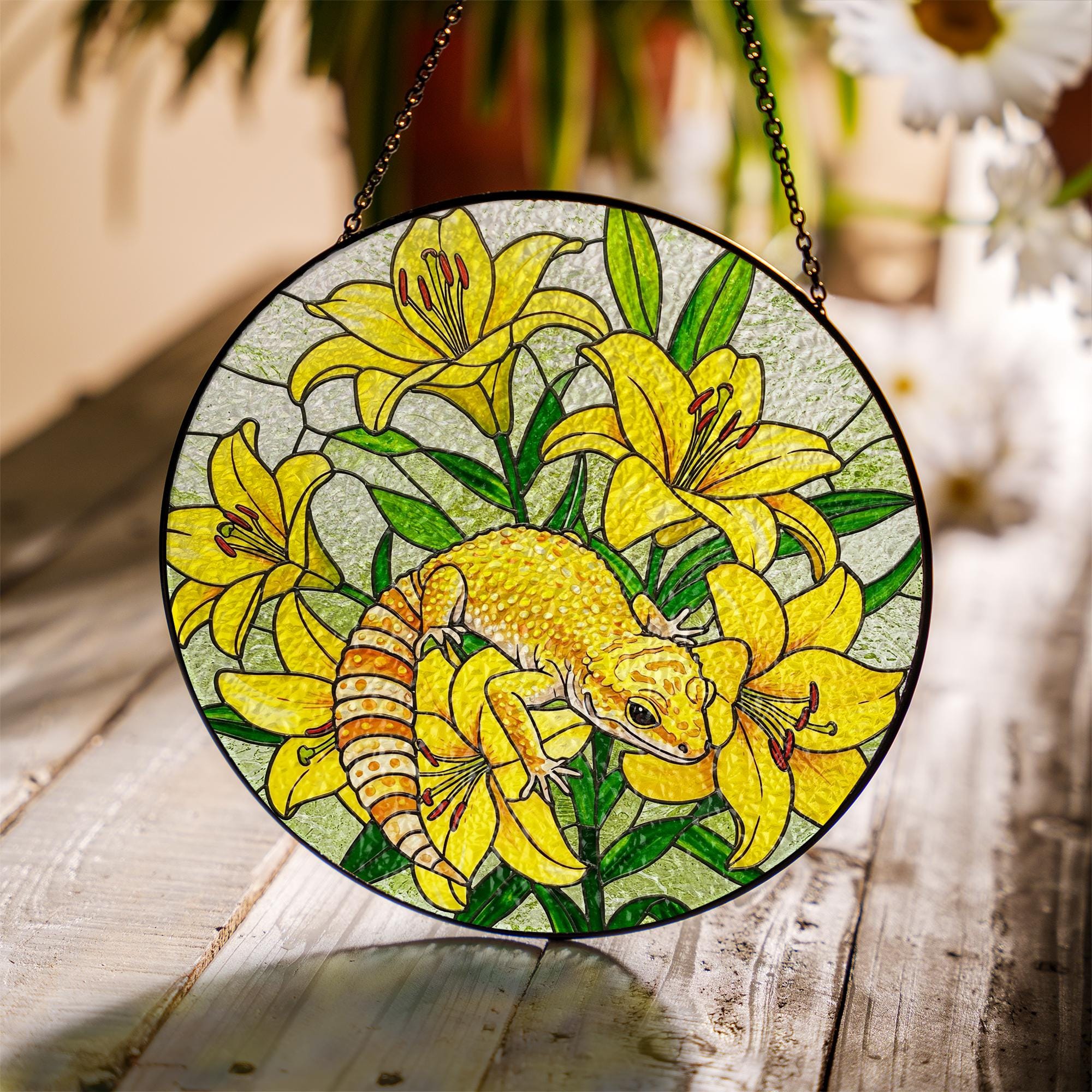 Gecko and Yellow Lilies Glass Suncatcher | Custom Nature Window Decor | Bright Yellow Floral and Reptile Suncatcher | Unique Home Decor