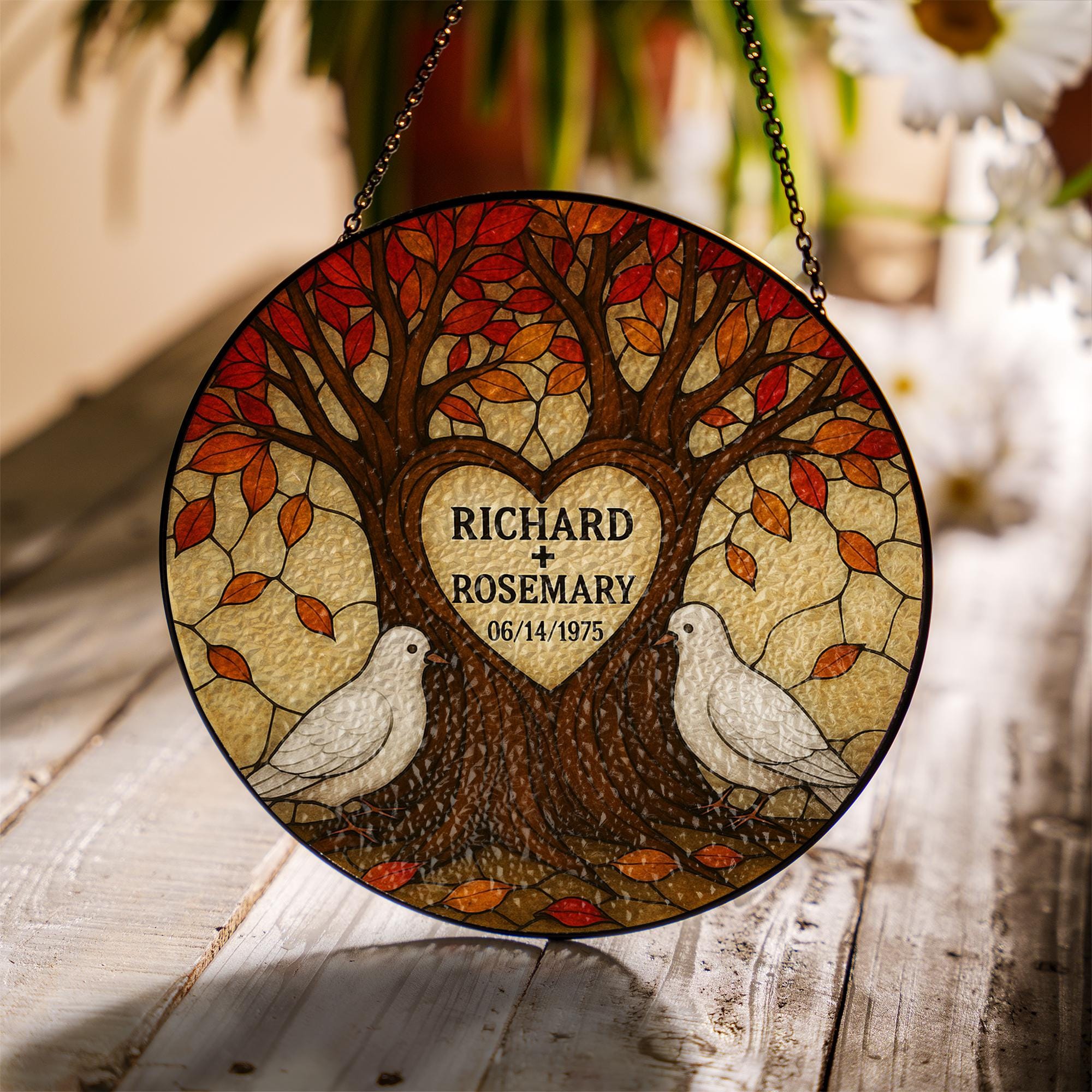 Personalized Glass Suncatcher | Tree of Life with Doves | Custom Couple Gift | Wedding or Anniversary Gift | Family Name Suncatcher