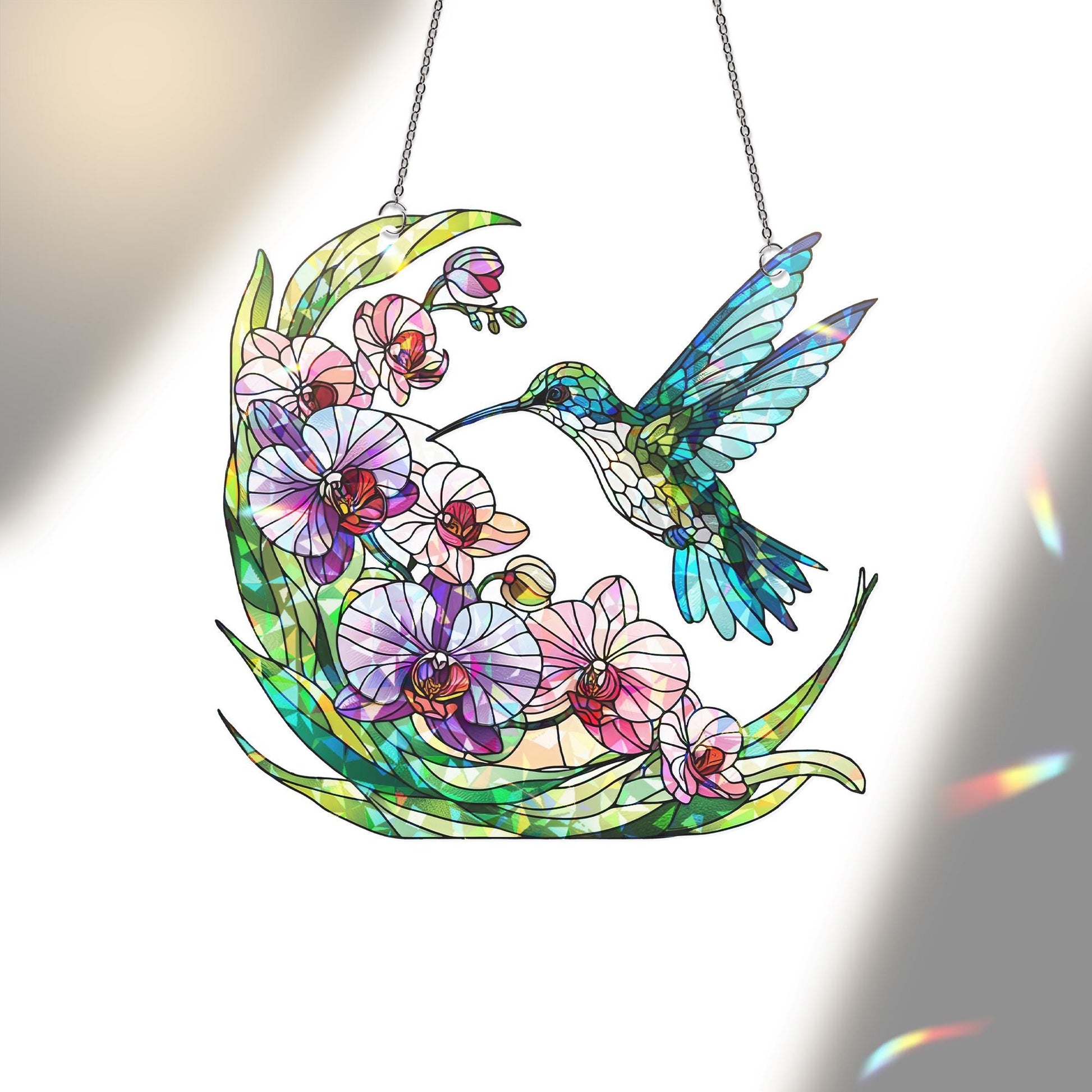 Hummingbird Holographic Acrylic Suncatcher | Hummingbird and Orchid Design |Window Decor | Unique Nature-Themed Suncatcher | Bird Lover Gift