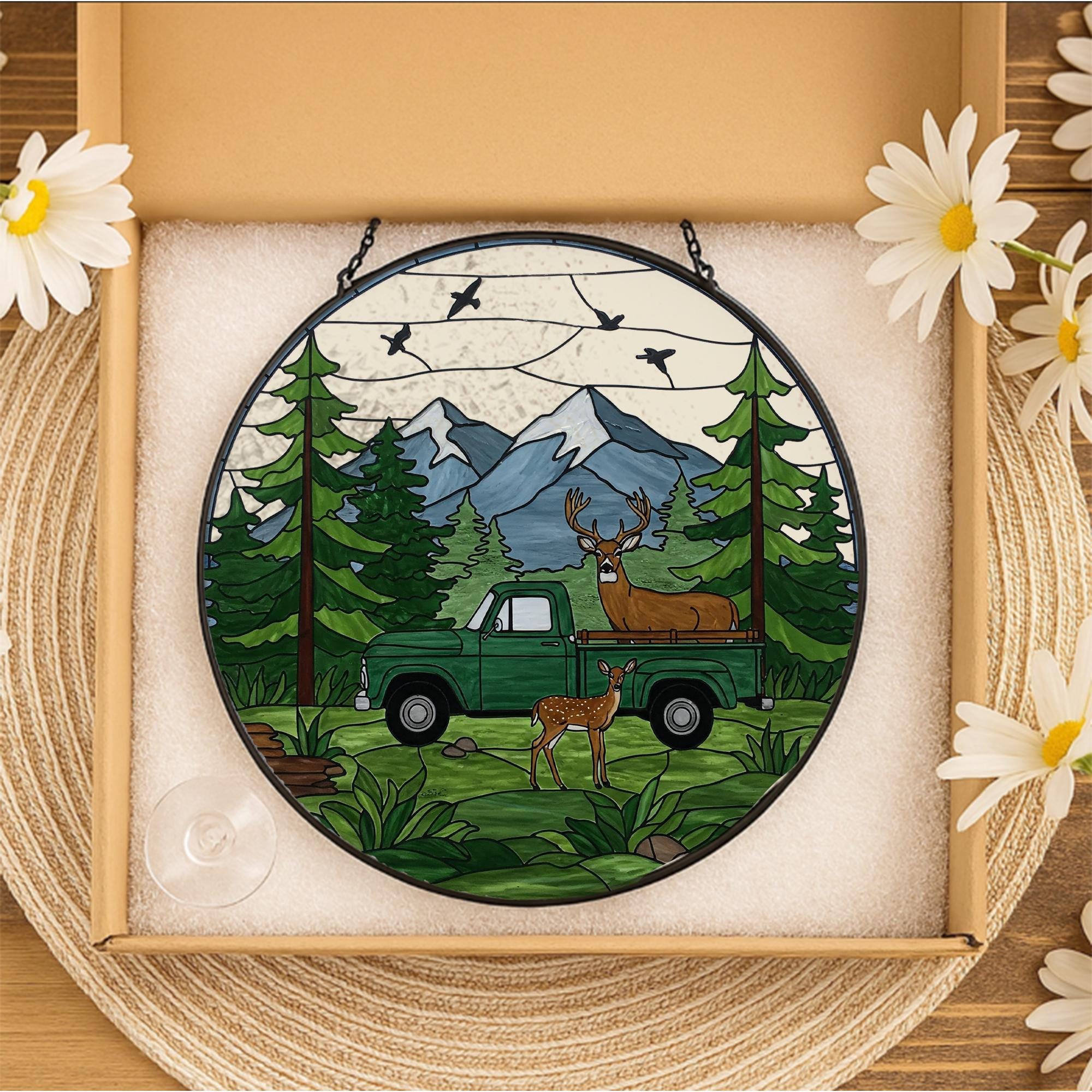 Forest, Deer, Truck Glass Suncatcher – Rustic Wildlife Window Hanging – Nature Light Catcher, Cabin Decor Gift for Outdoorsmen, Gift For Dad