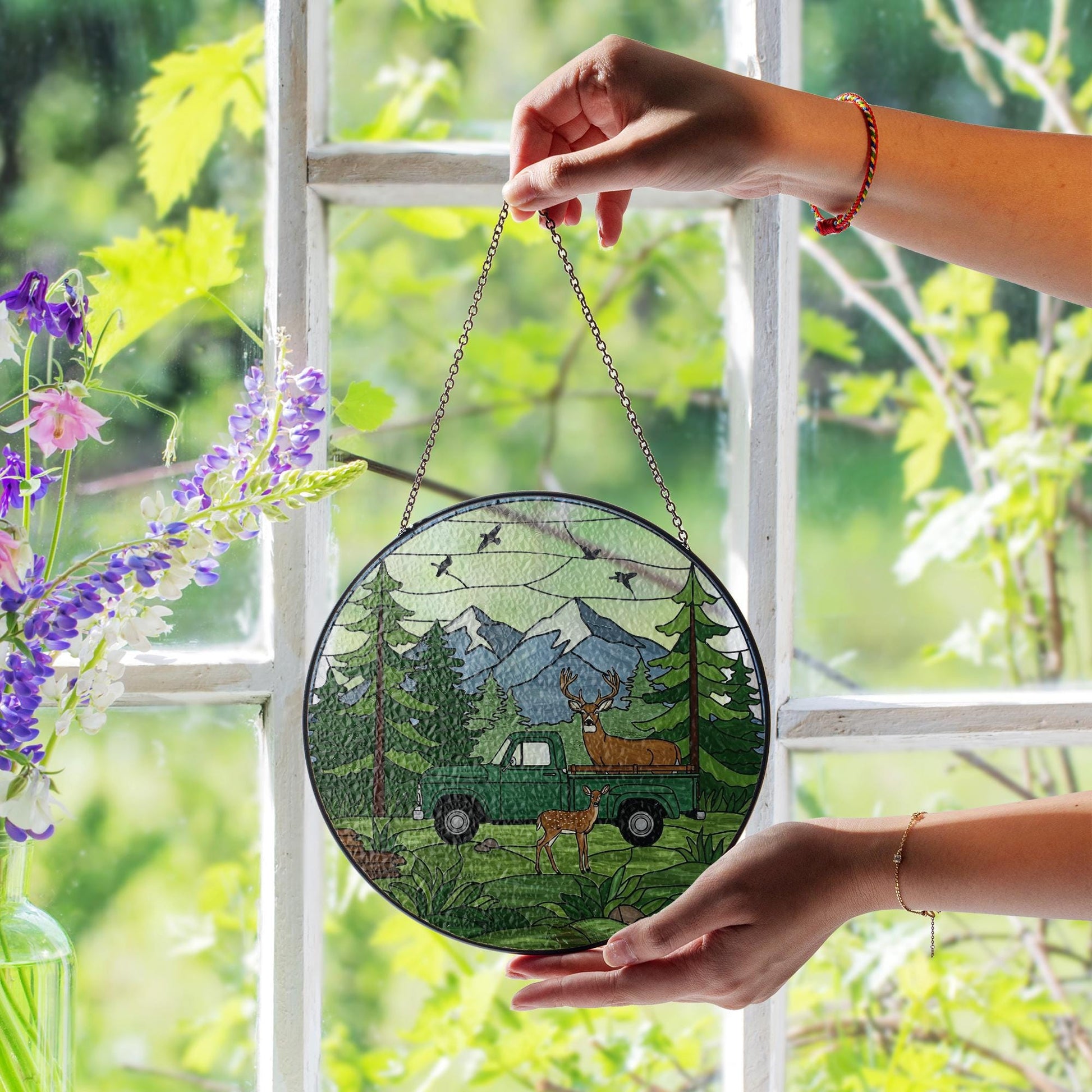 Forest, Deer, Truck Glass Suncatcher – Rustic Wildlife Window Hanging – Nature Light Catcher, Cabin Decor Gift for Outdoorsmen, Gift For Dad