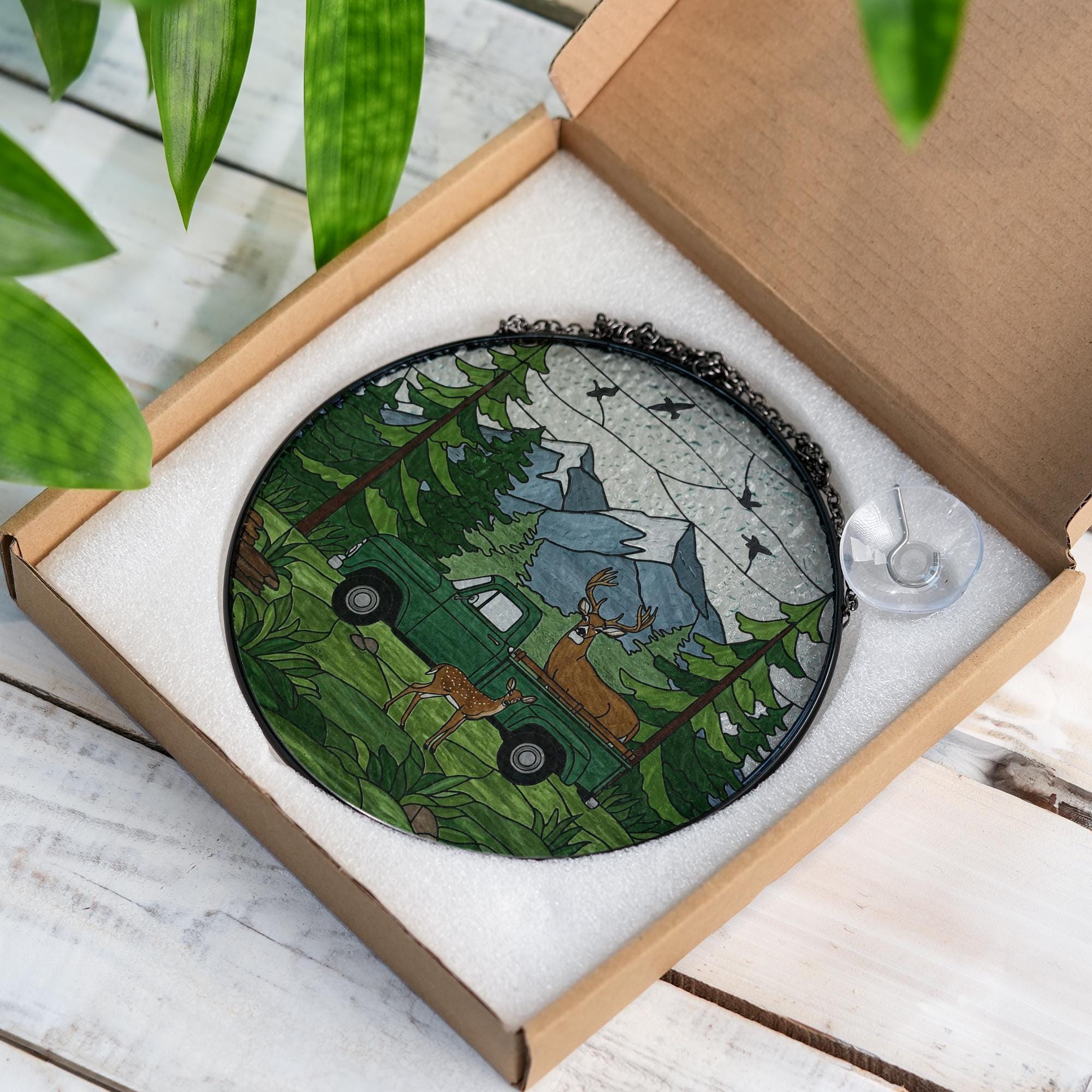 Forest, Deer, Truck Glass Suncatcher – Rustic Wildlife Window Hanging – Nature Light Catcher, Cabin Decor Gift for Outdoorsmen, Gift For Dad