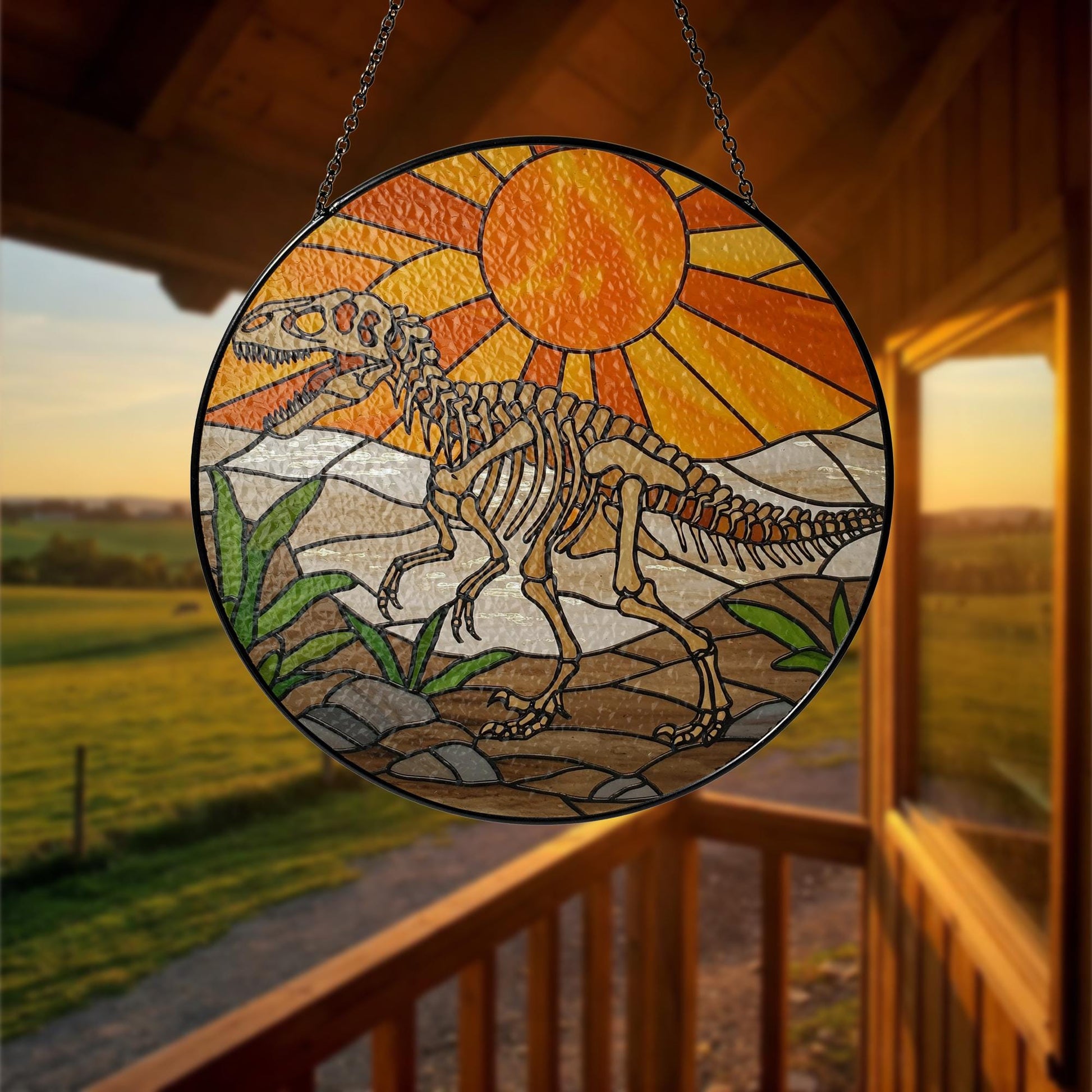 Dinosaur Skeleton Glass Suncatcher, Prehistoric Window Hanging, Paleontology Decor, Dino Lover Gift, Fossil Art Light Catcher, Gift for him