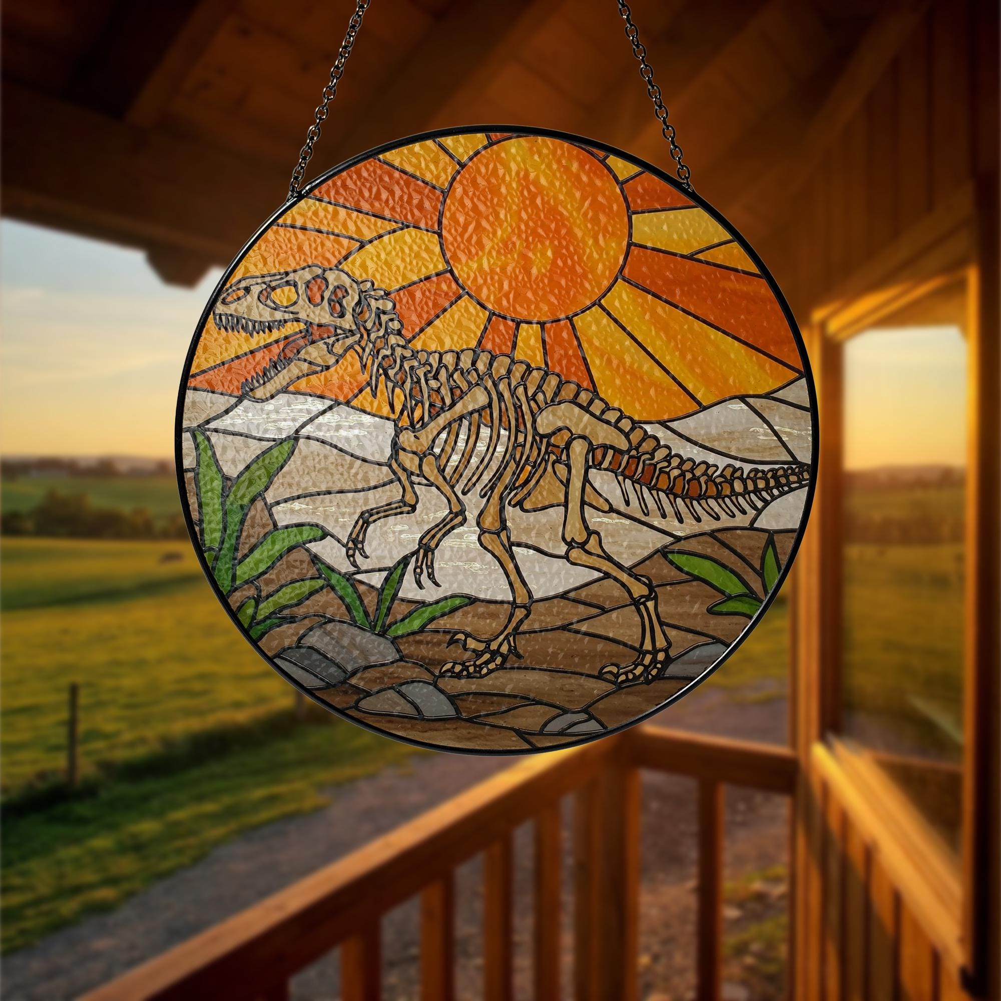 Dinosaur Skeleton Glass Suncatcher, Prehistoric Window Hanging, Paleontology Decor, Dino Lover Gift, Fossil Art Light Catcher, Gift for him