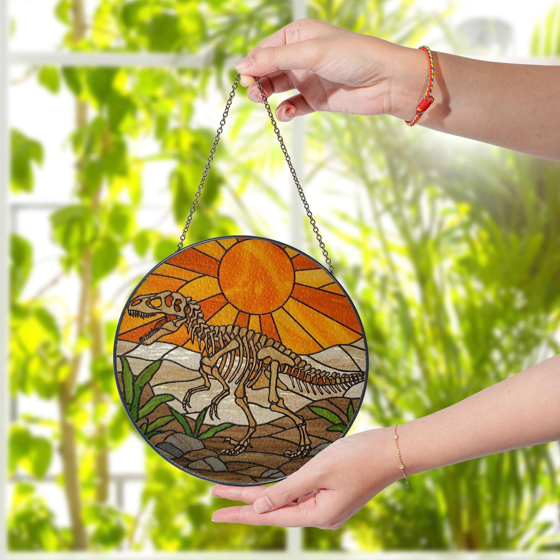 Dinosaur Skeleton Glass Suncatcher, Prehistoric Window Hanging, Paleontology Decor, Dino Lover Gift, Fossil Art Light Catcher, Gift for him