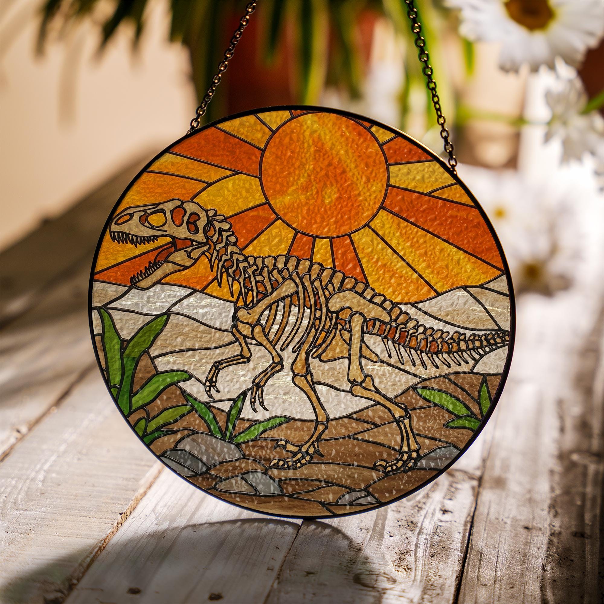 Dinosaur Skeleton Glass Suncatcher, Prehistoric Window Hanging, Paleontology Decor, Dino Lover Gift, Fossil Art Light Catcher, Gift for him