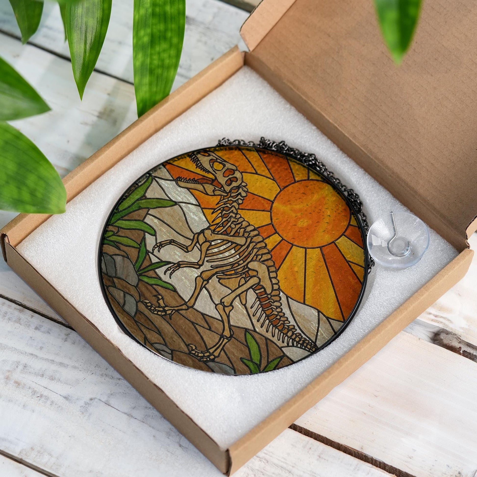 Dinosaur Skeleton Glass Suncatcher, Prehistoric Window Hanging, Paleontology Decor, Dino Lover Gift, Fossil Art Light Catcher, Gift for him