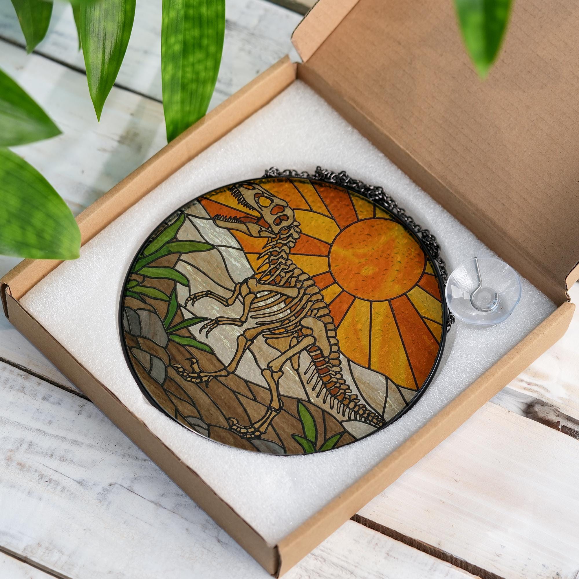 Dinosaur Skeleton Glass Suncatcher, Prehistoric Window Hanging, Paleontology Decor, Dino Lover Gift, Fossil Art Light Catcher, Gift for him