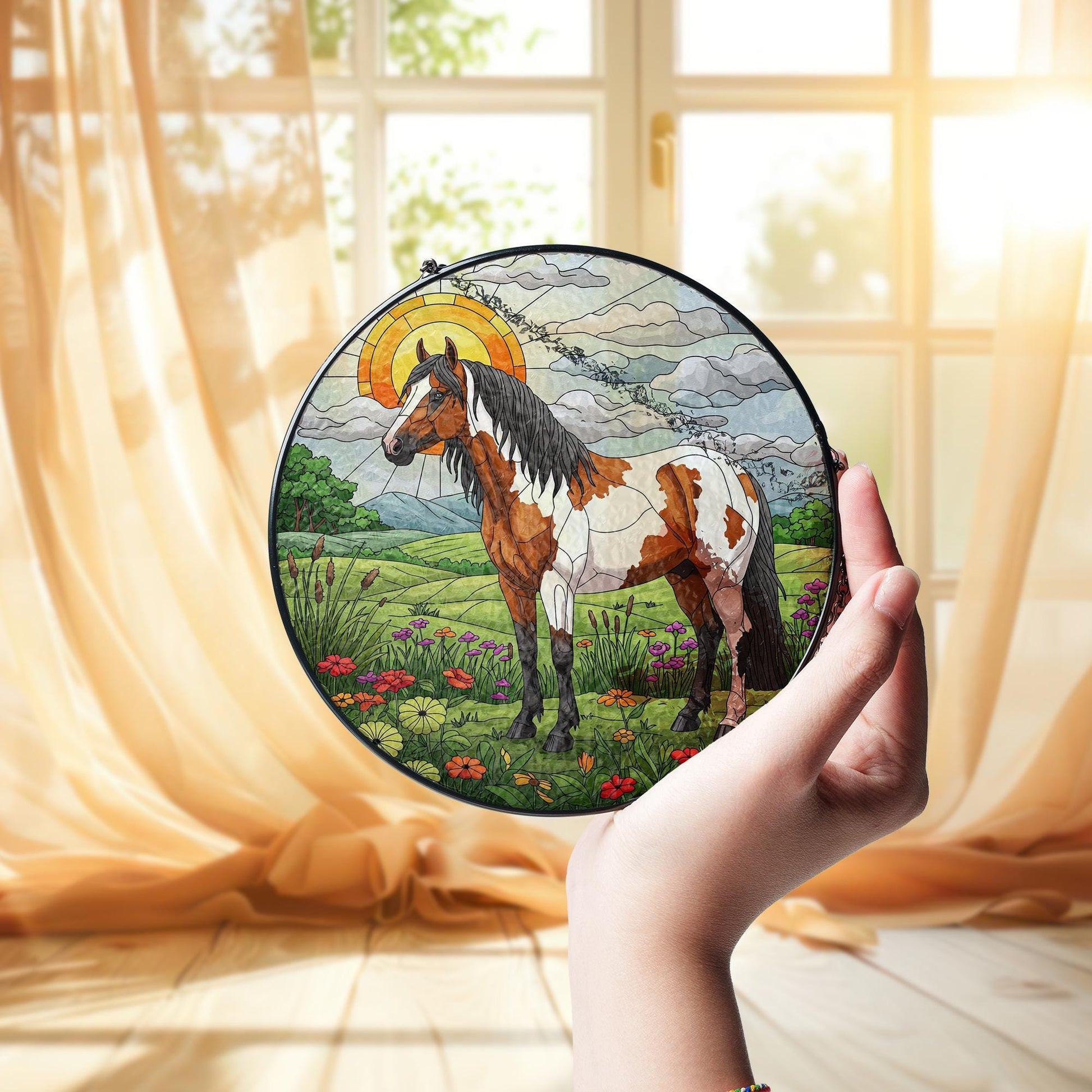 Appaloosa Horse in Highland Field Glass Suncatcher, Equestrian Window Hanging, Western Horse Decor, Country Light Catcher Gift, Gift For Him
