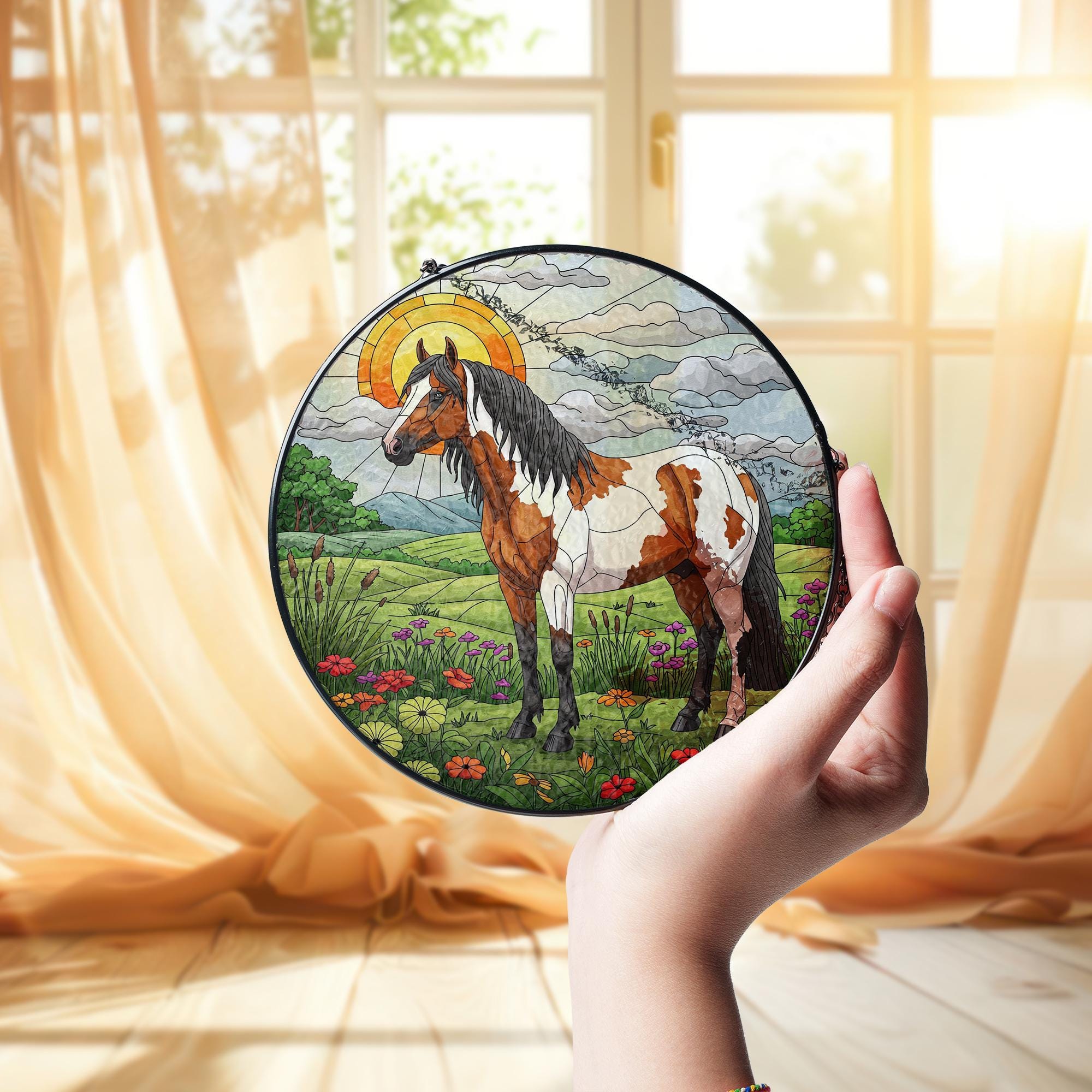 Appaloosa Horse in Highland Field Glass Suncatcher, Equestrian Window Hanging, Western Horse Decor, Country Light Catcher Gift, Gift For Him