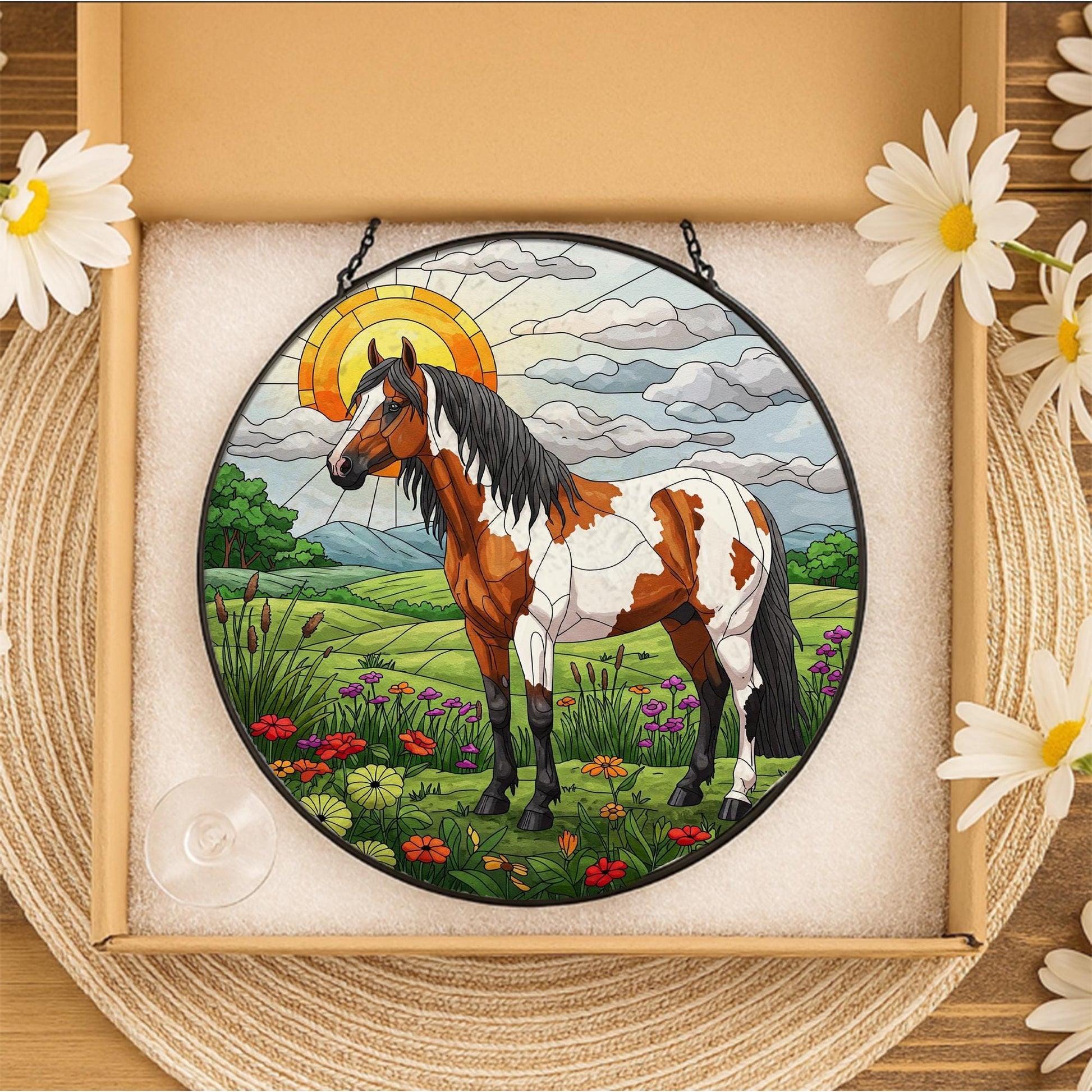 Appaloosa Horse in Highland Field Glass Suncatcher, Equestrian Window Hanging, Western Horse Decor, Country Light Catcher Gift, Gift For Him