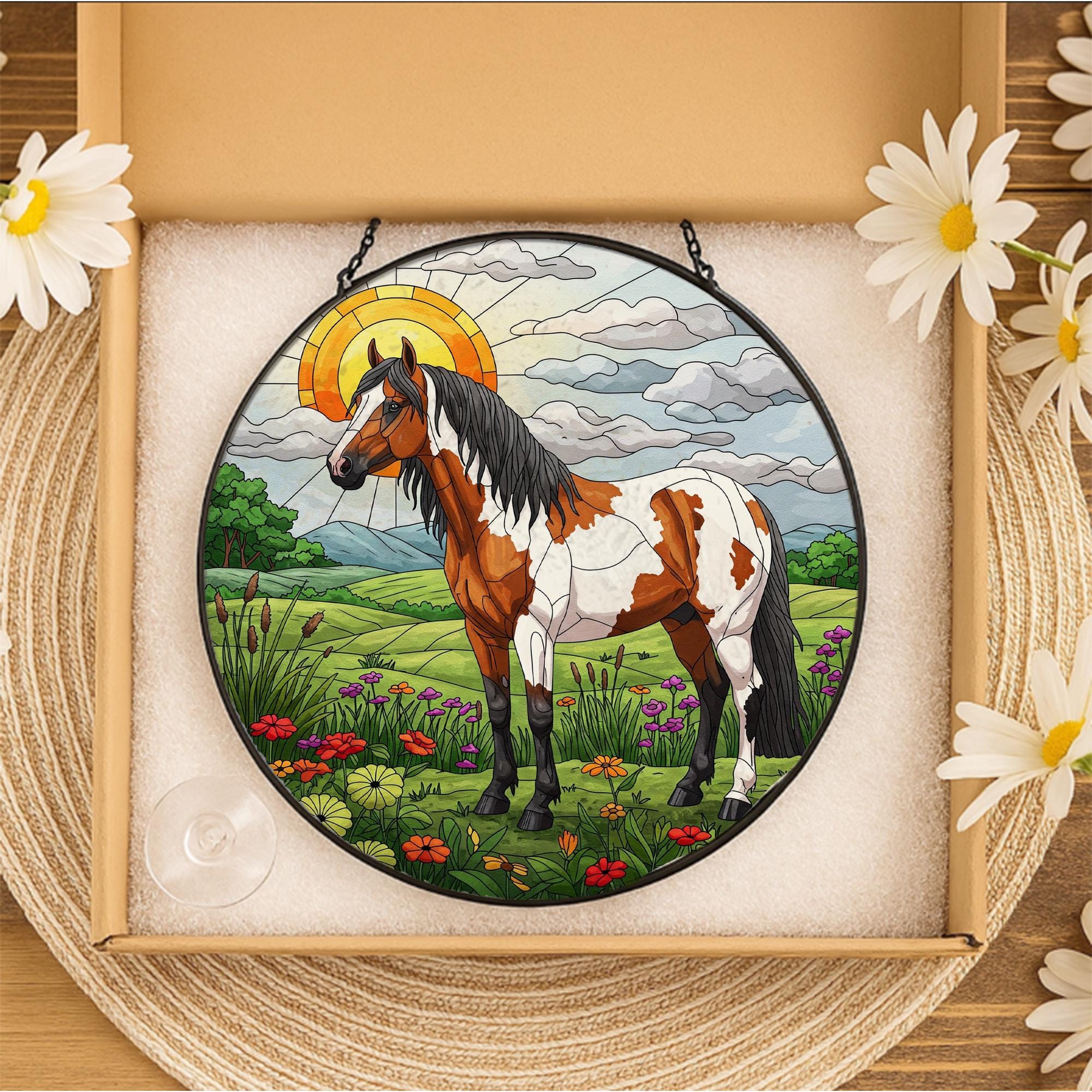 Appaloosa Horse in Highland Field Glass Suncatcher, Equestrian Window Hanging, Western Horse Decor, Country Light Catcher Gift, Gift For Him