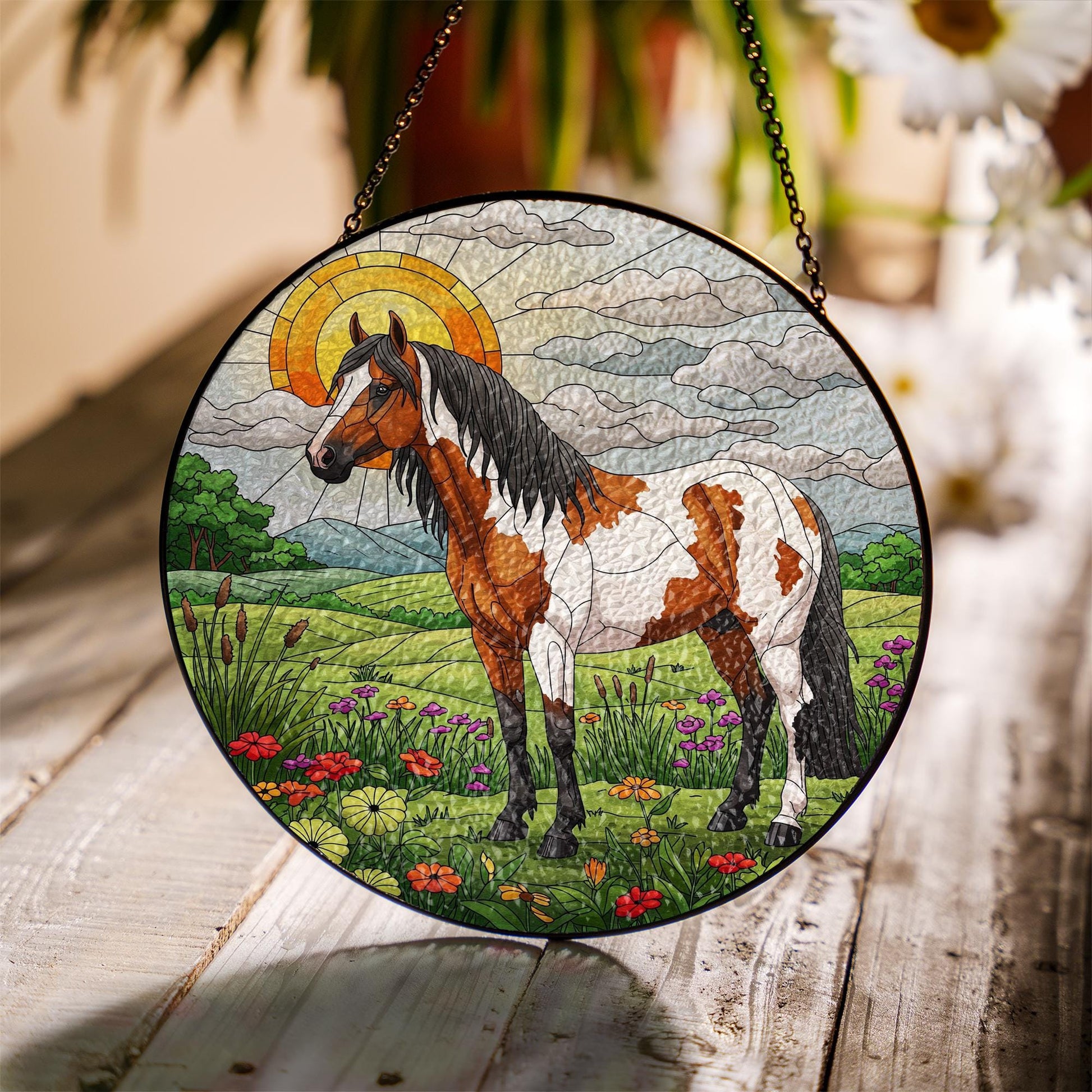Appaloosa Horse in Highland Field Glass Suncatcher, Equestrian Window Hanging, Western Horse Decor, Country Light Catcher Gift, Gift For Him